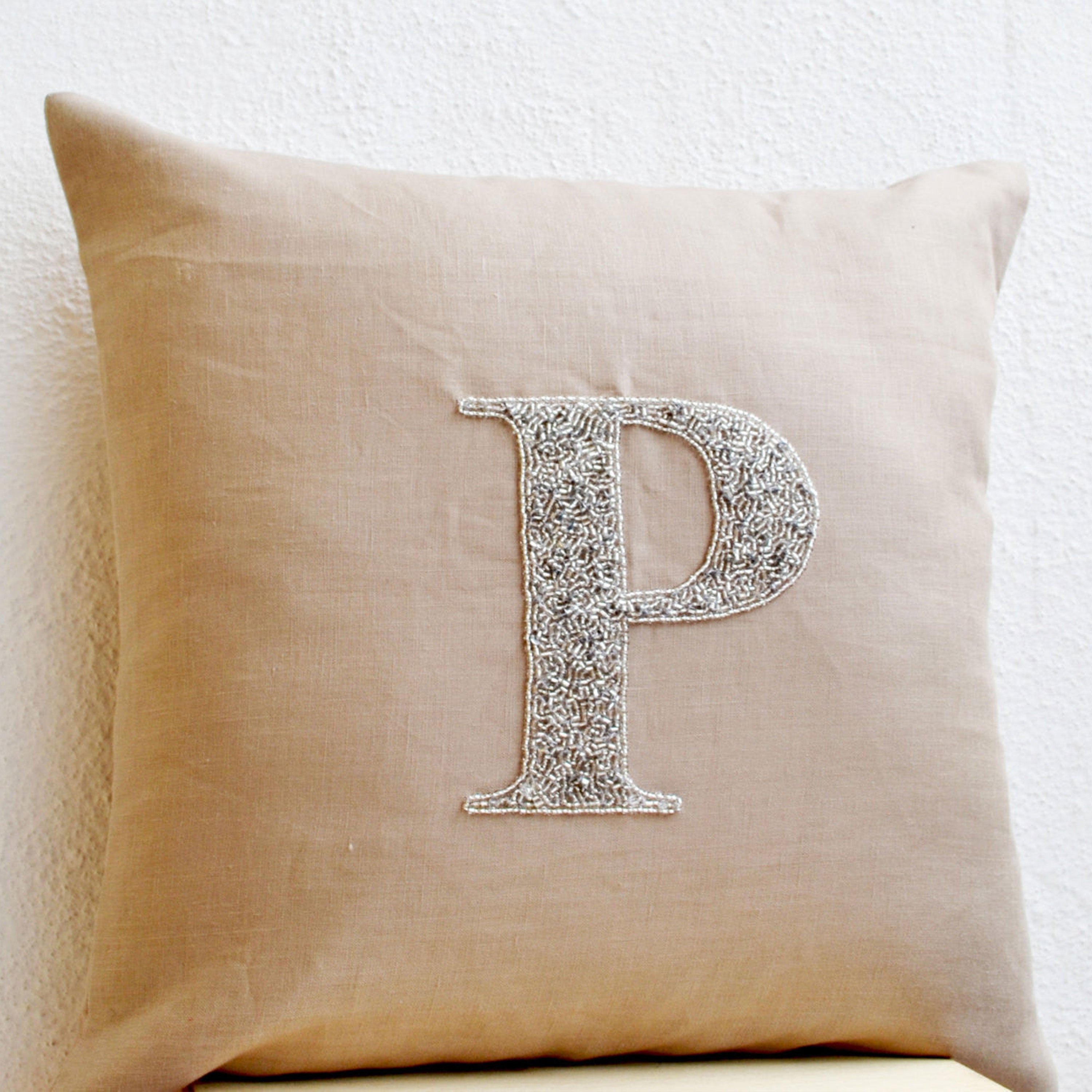 Customized Silver Sequin Monogram Pillow Cover On Beige Gray Linen