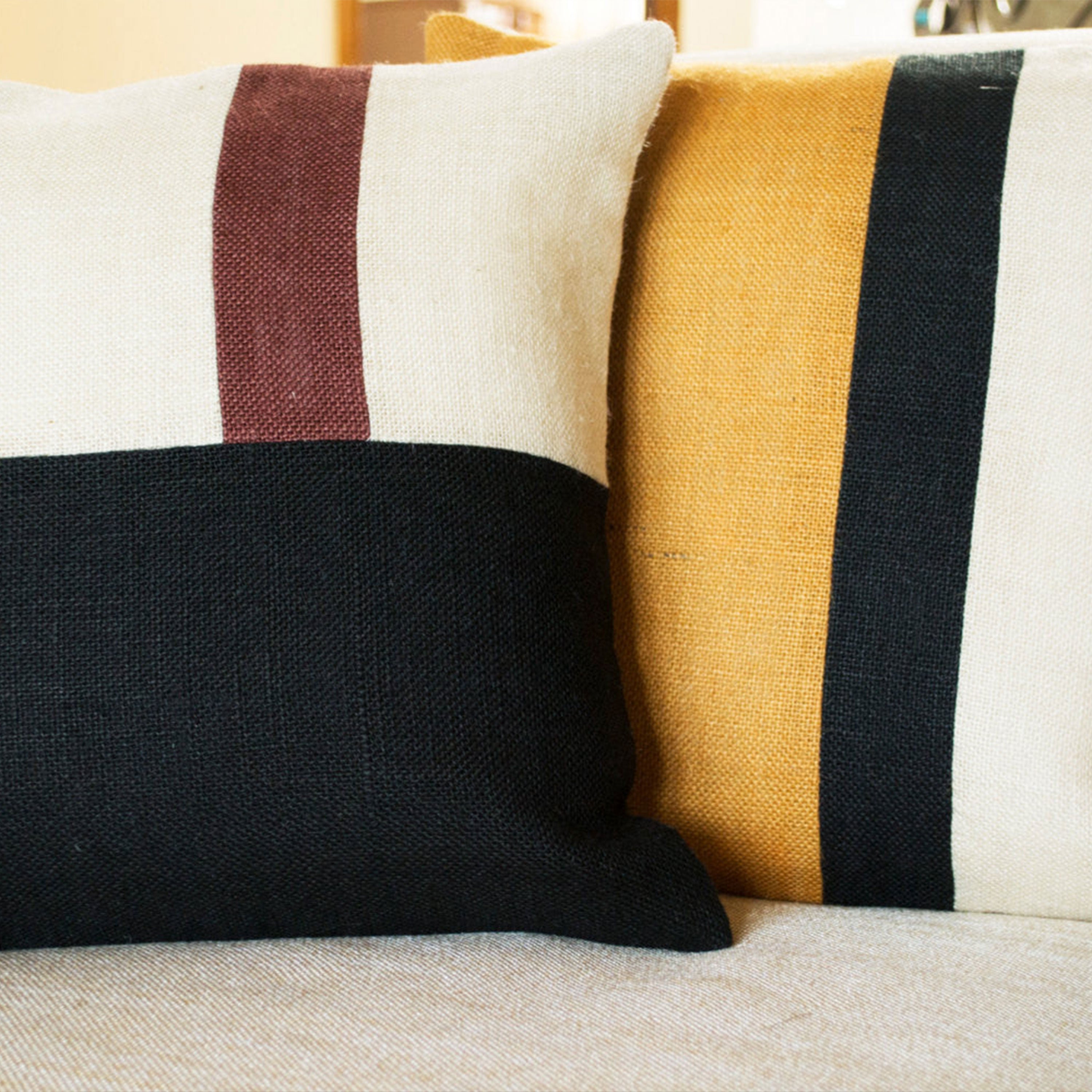 Geometric Color Block Burlap Accent Pillow Cover In Black White Brown Jute Hessian