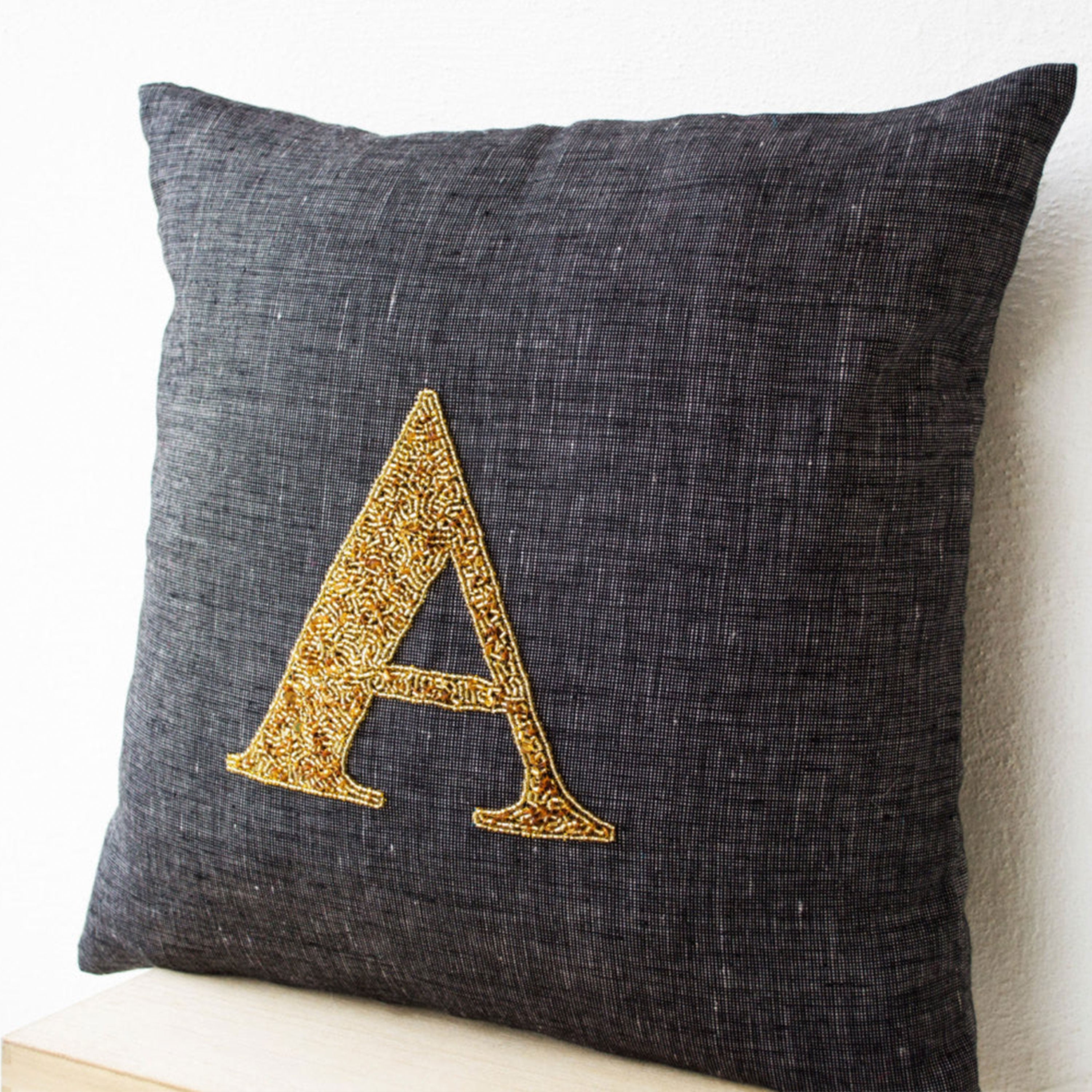 Grey Linen pillow -Monogram Pillow -Personalized throw pillows -Gold sequin cushion -Premium Linen pillow -16X16 sofa cushion -gift -Wedding