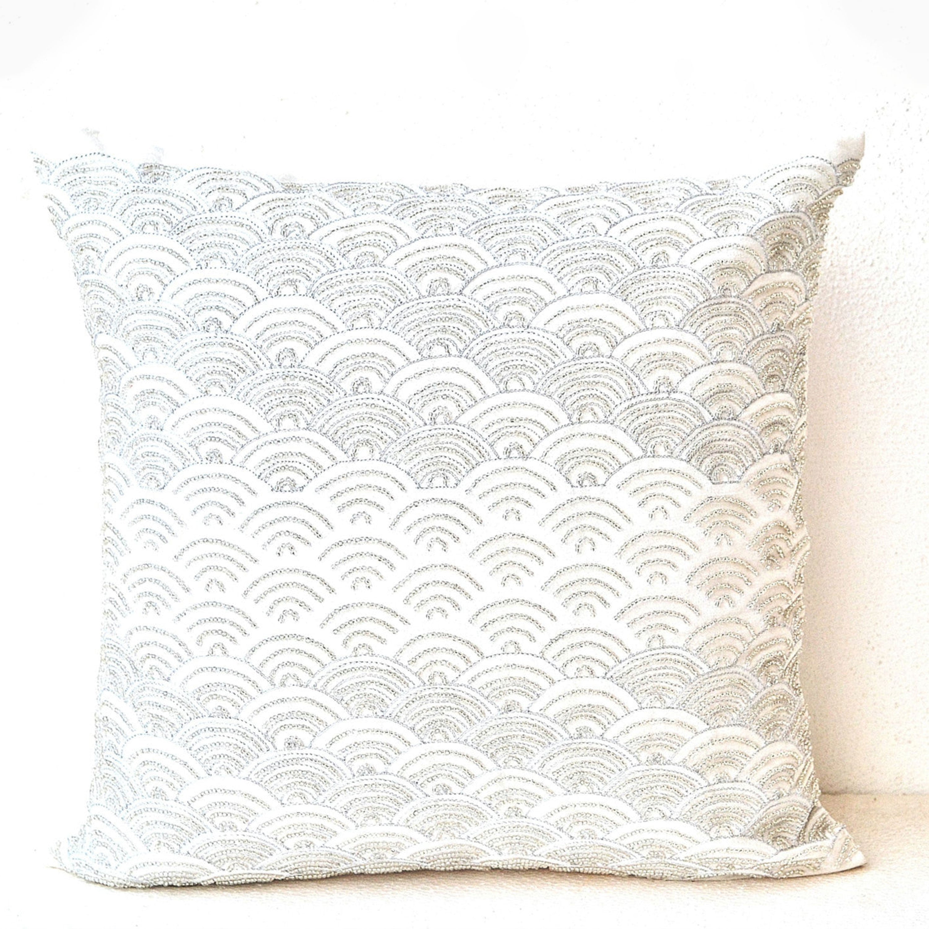 Ivory white throw pillows with detailed embroidered waves -Sashiko pillow cover -Cushion zipper -Throw pillow -Couch Pillows -gift