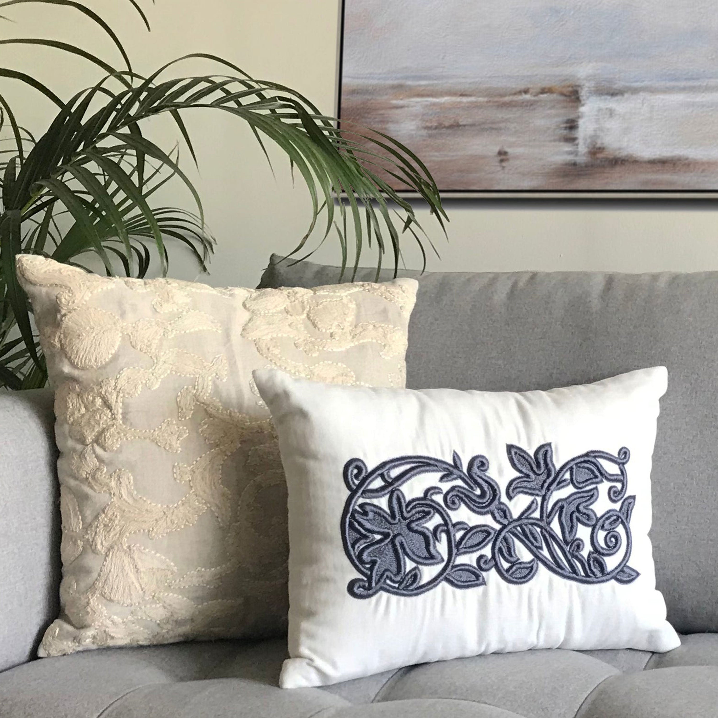 Ivory Gray French Embroidery Pillow Cover