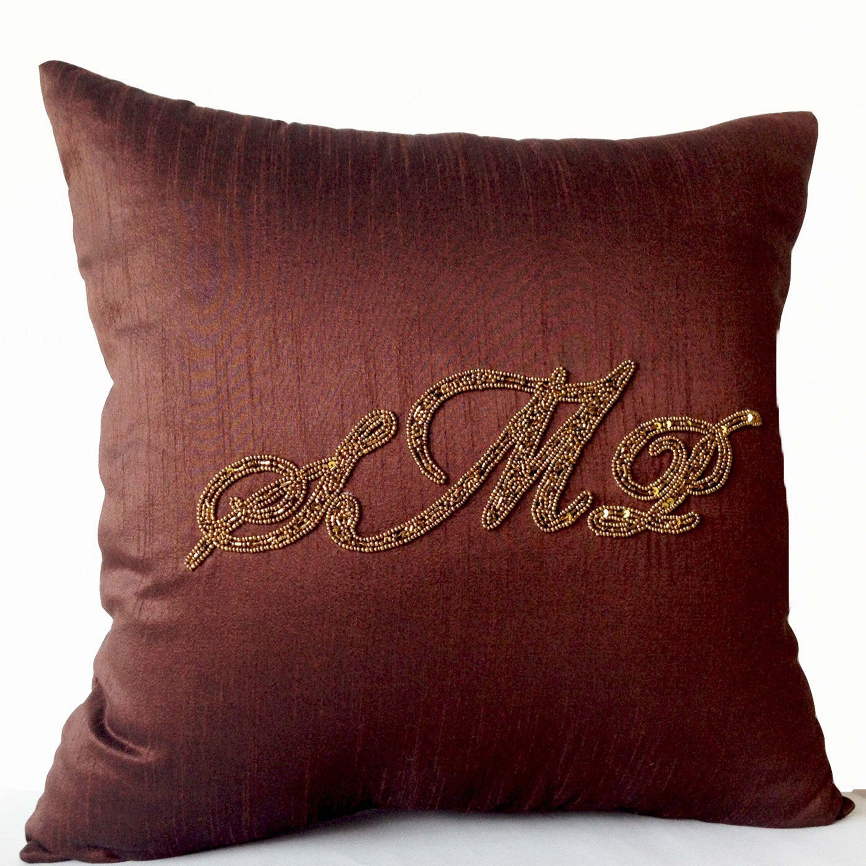 Throw pillow cover in brown with luxurious custom embroidery - Sequin Monogrammed Decorative pillows - 16X16 - Gift -Three Letter Pillowcase