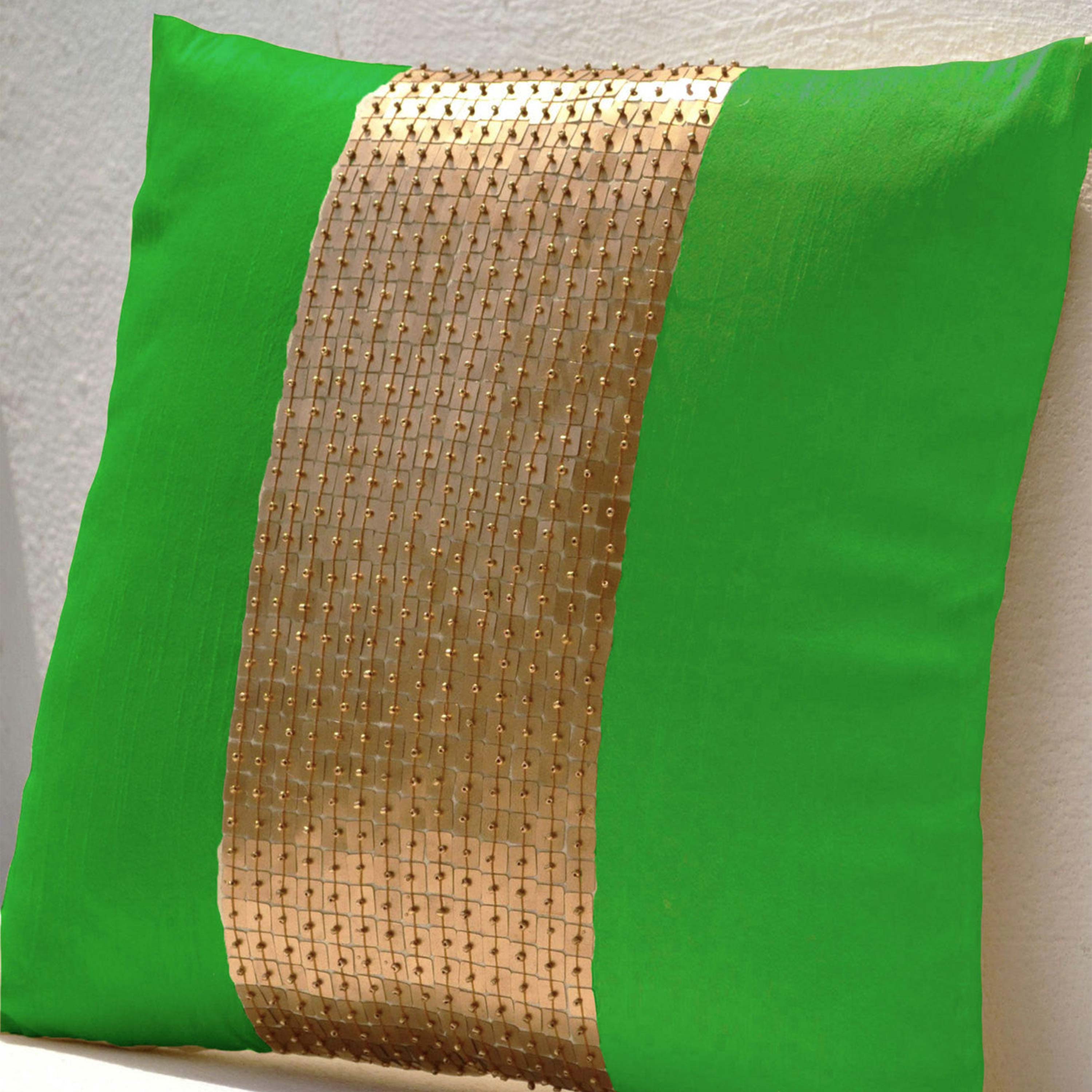 Throw Pillows - Neon green gold color block in silk sequin bead detail cushion - sequin bead pillow - 16X16 Neon green pillow - gift pillow