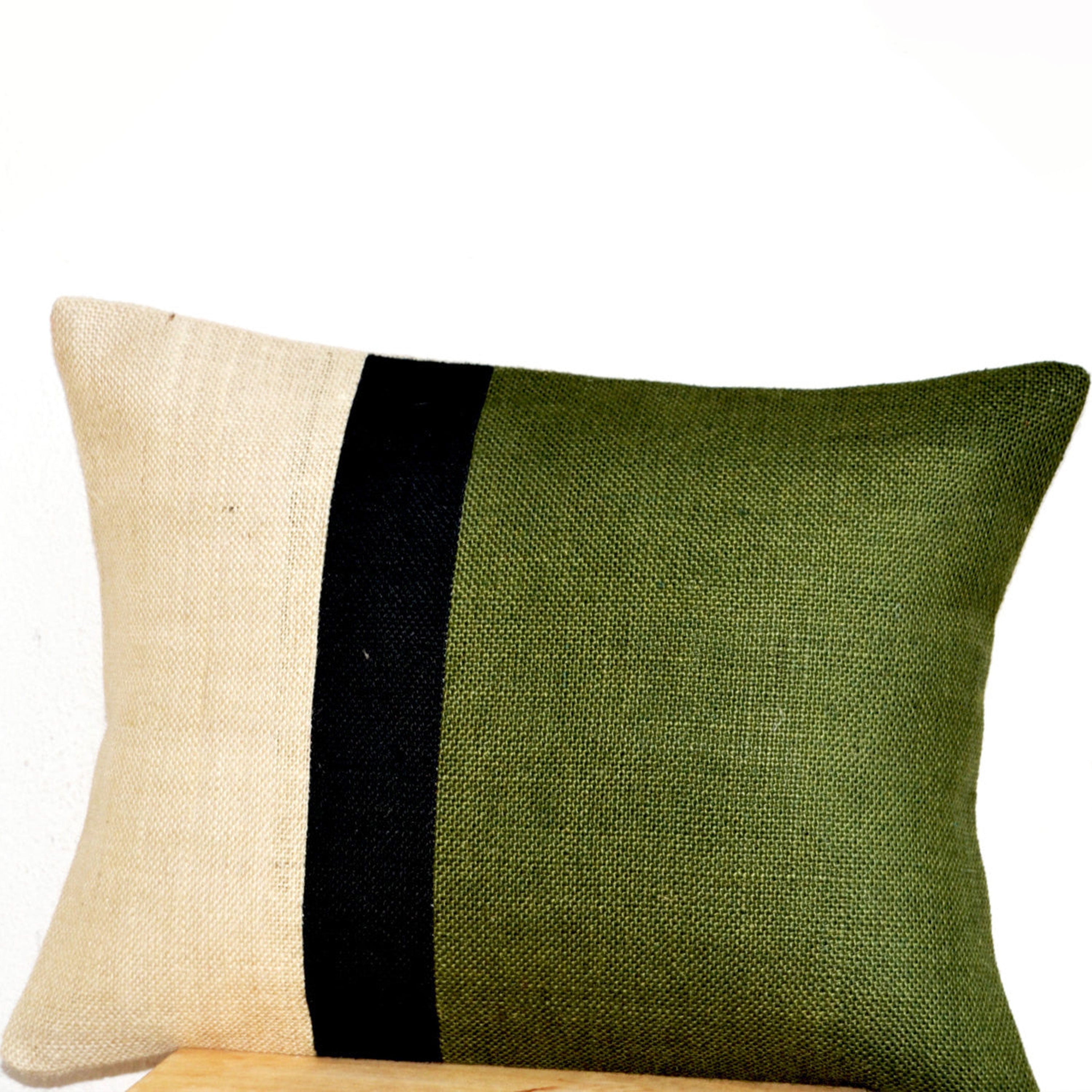 Green Lumbar Pillow - Burlap Pillow color block - Forest Green Color Block Decorative cushion cover- Throw pillow gift 12X16 - Lumbar Pillow