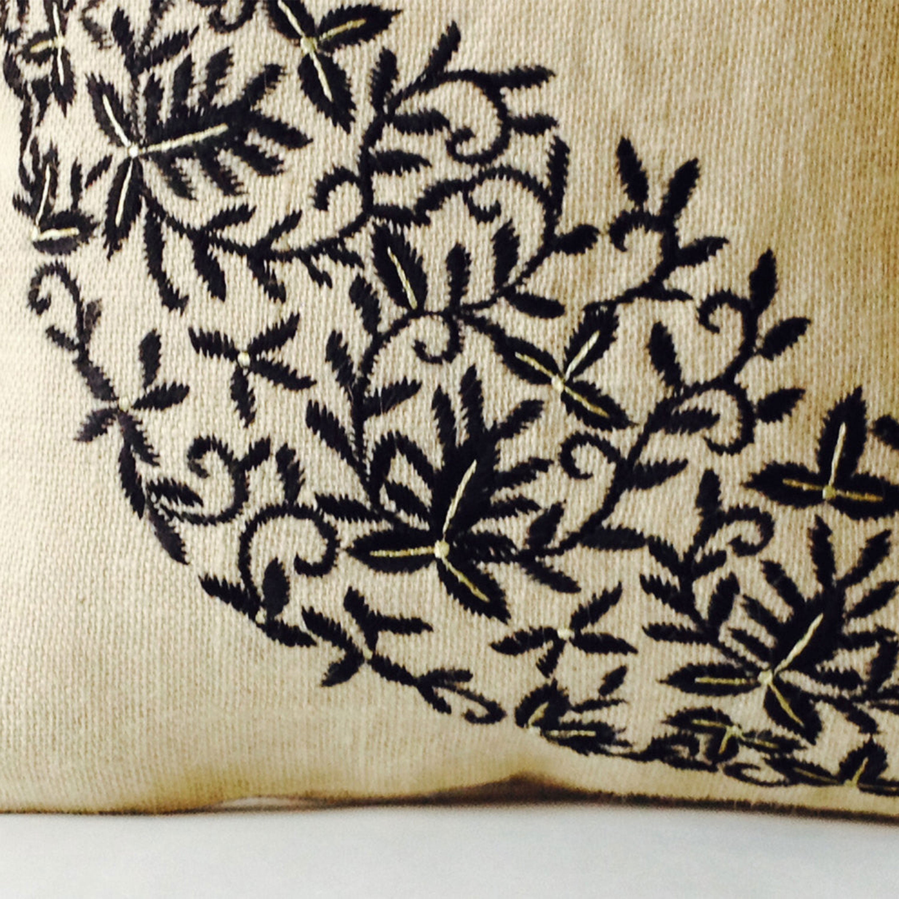 Ivory Burlap Throw Pillows- Embroidered Pillow Covers- Black flower leaves pillow Case-Modern Pillow -Floral Cushion -Gift -Bedding -16x16