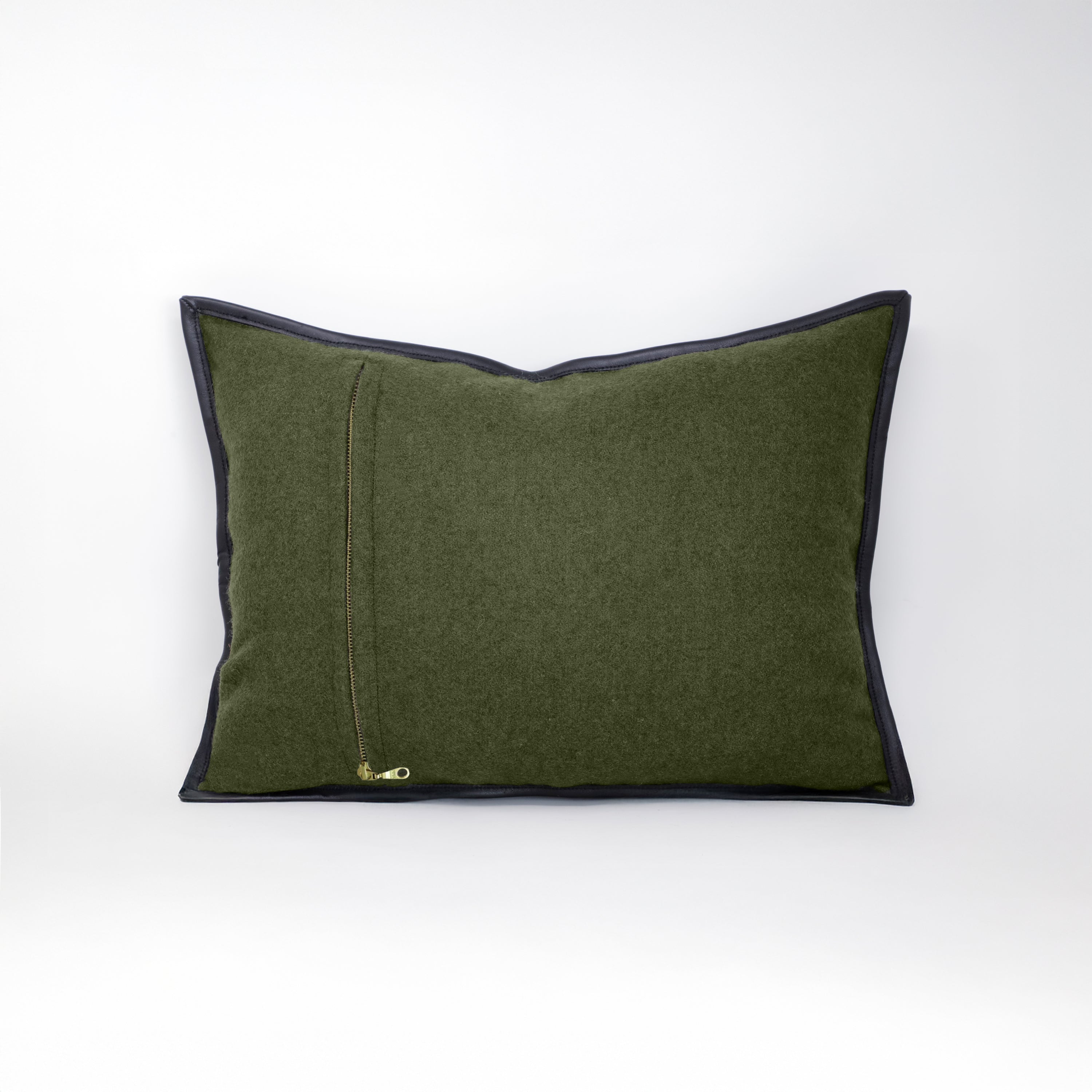 Olive Green Wool Felt Throw Pillow Cover with Genuine Leather Trim