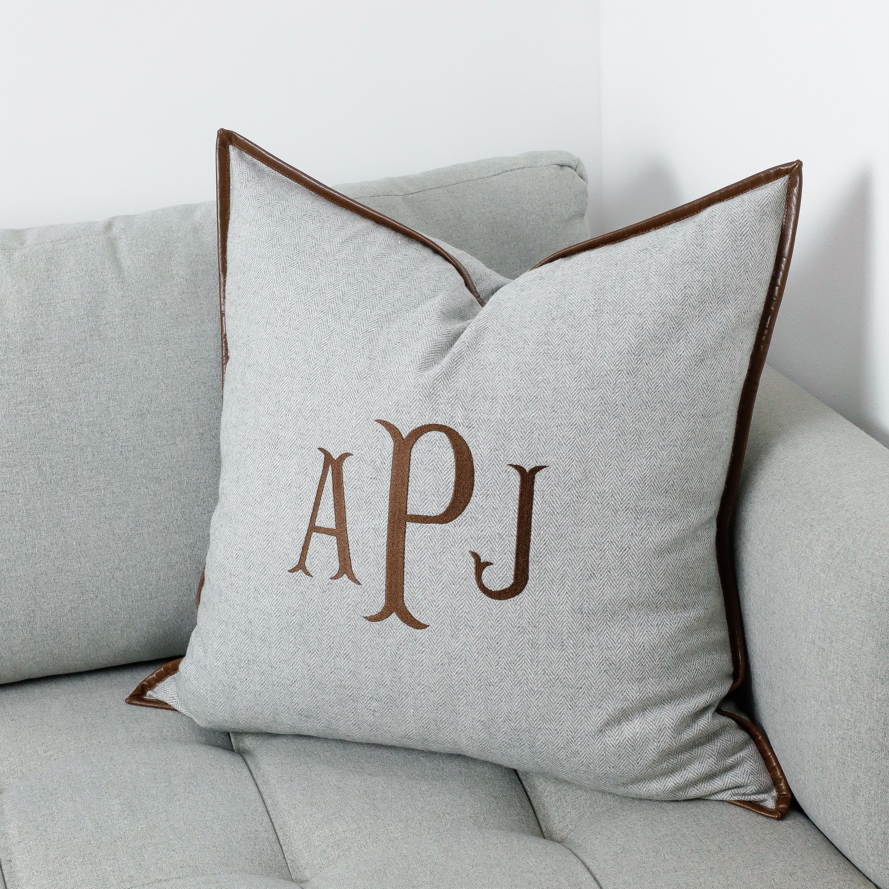 Personalized Herringbone Wool Pillow Cover with Leather Trim and Custom Monogram Embroidery