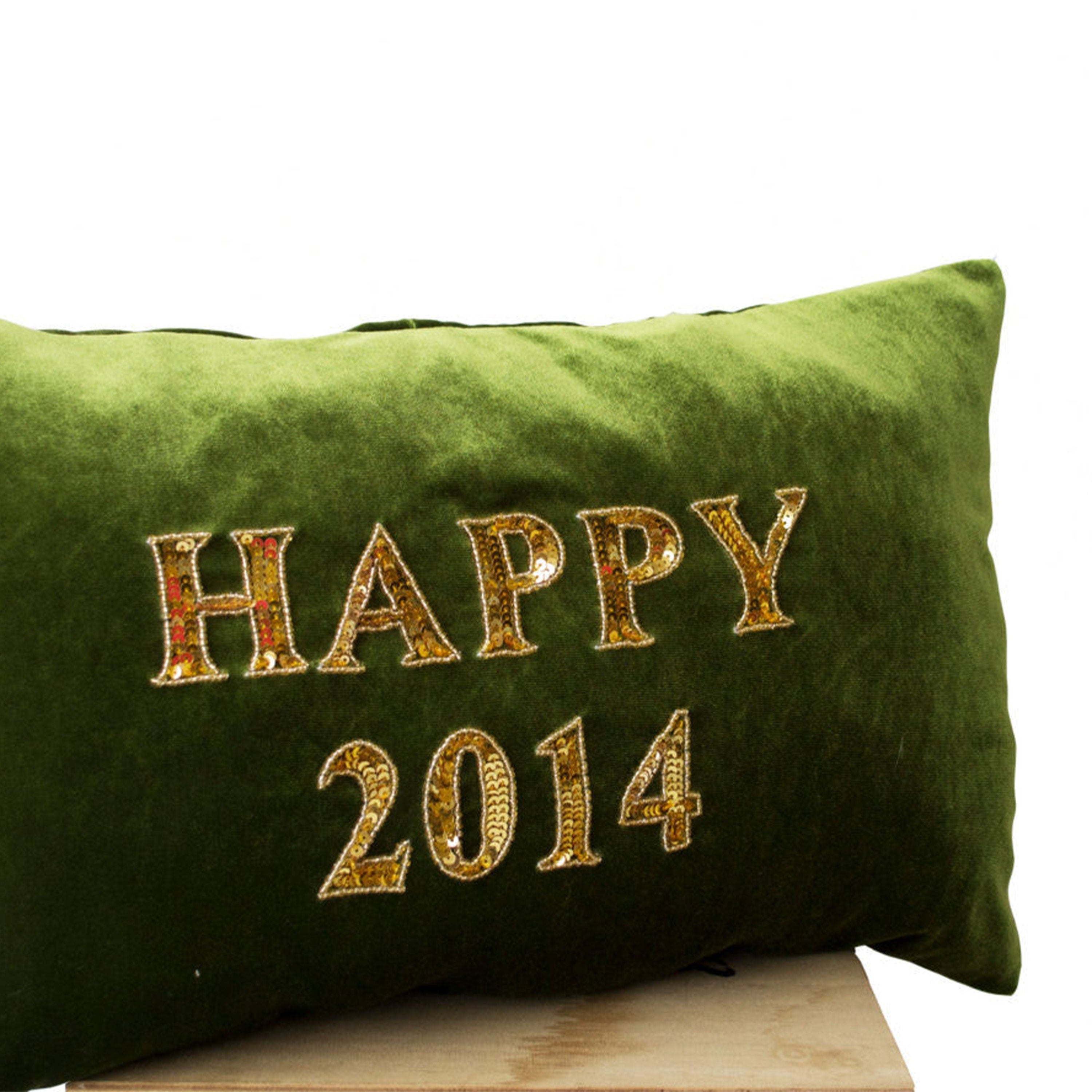 Happy New Year Pillow - Green gold velvet cushion - Decorative throw pillows with greetings -Gold sequin pillow -lumbar pillow - 12x20 -gift