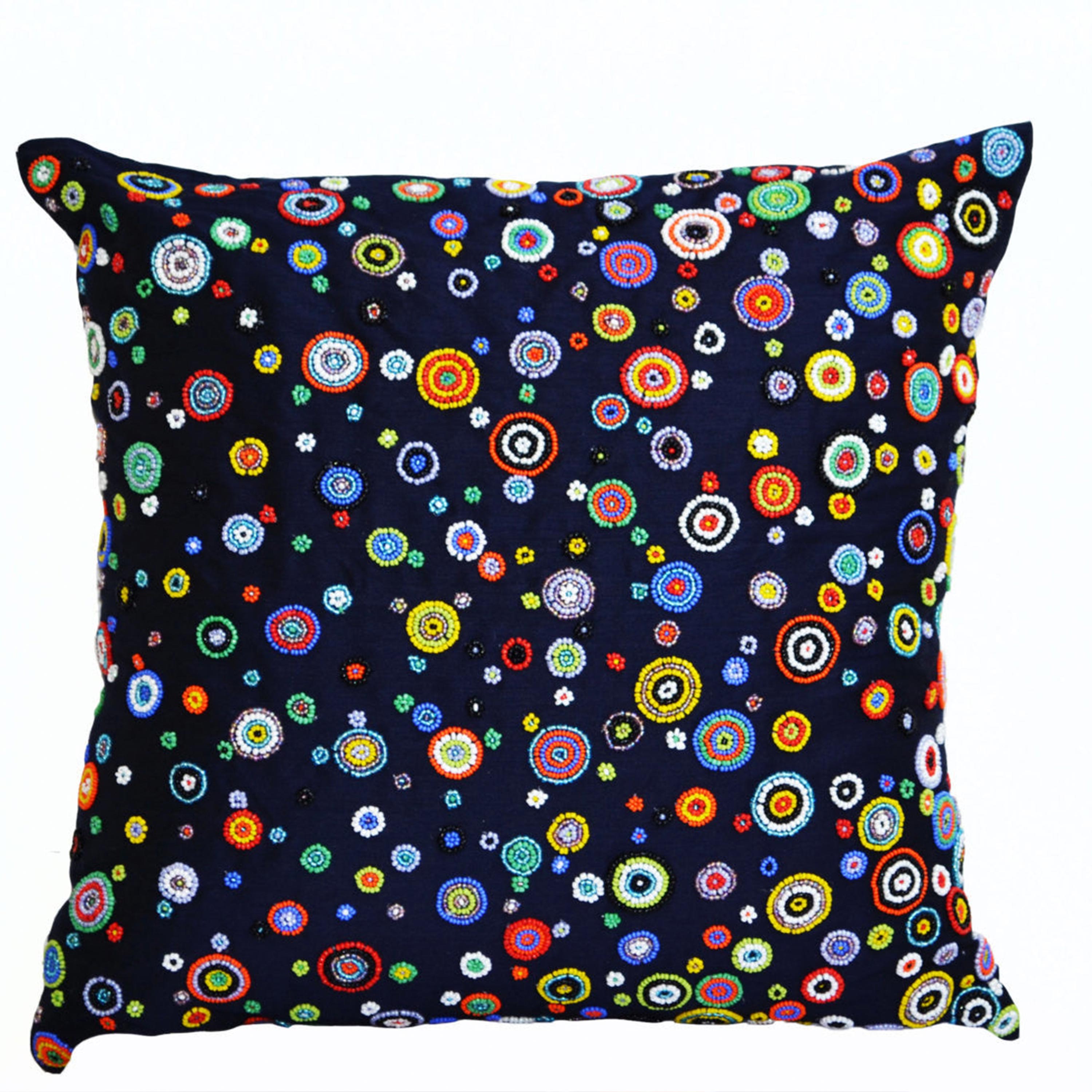 Rapsody of Circles Navy Blue Throw Pillow With Red, Yellow, Blue, Green, Orange Beads Geometric Cushion Cover