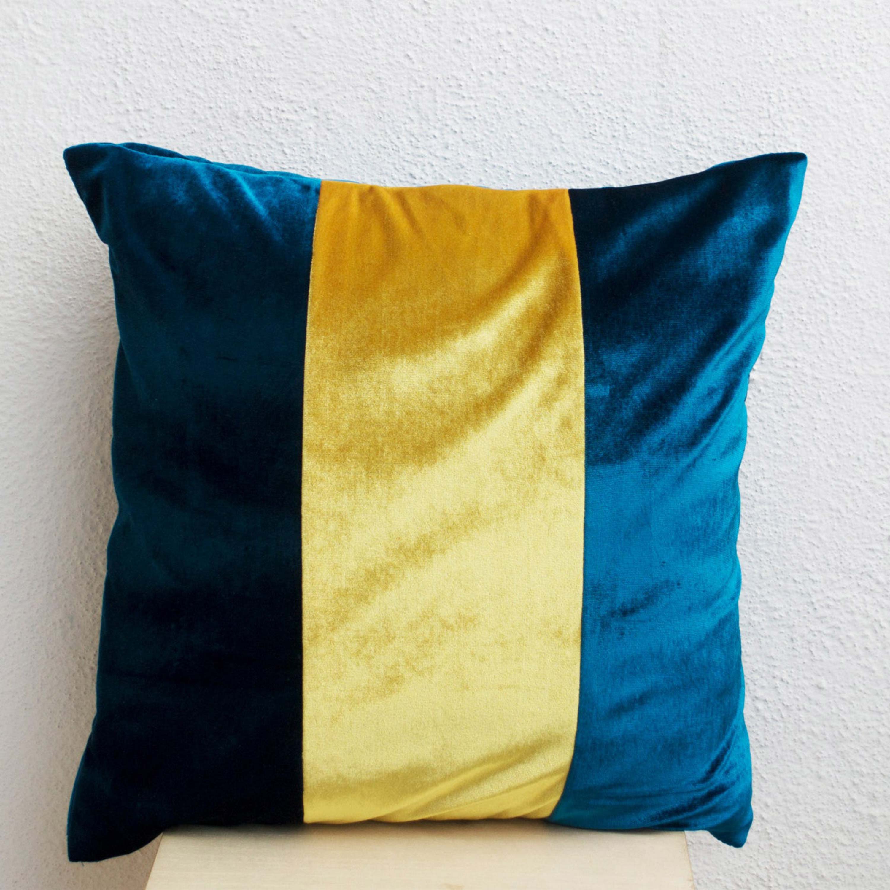 Royal Blue Pillow-Throw Pillows color block - Velvet Pillows - Decorative cushion cover-Velvet pillow gift pillow 16X16- Blue yellow pillow