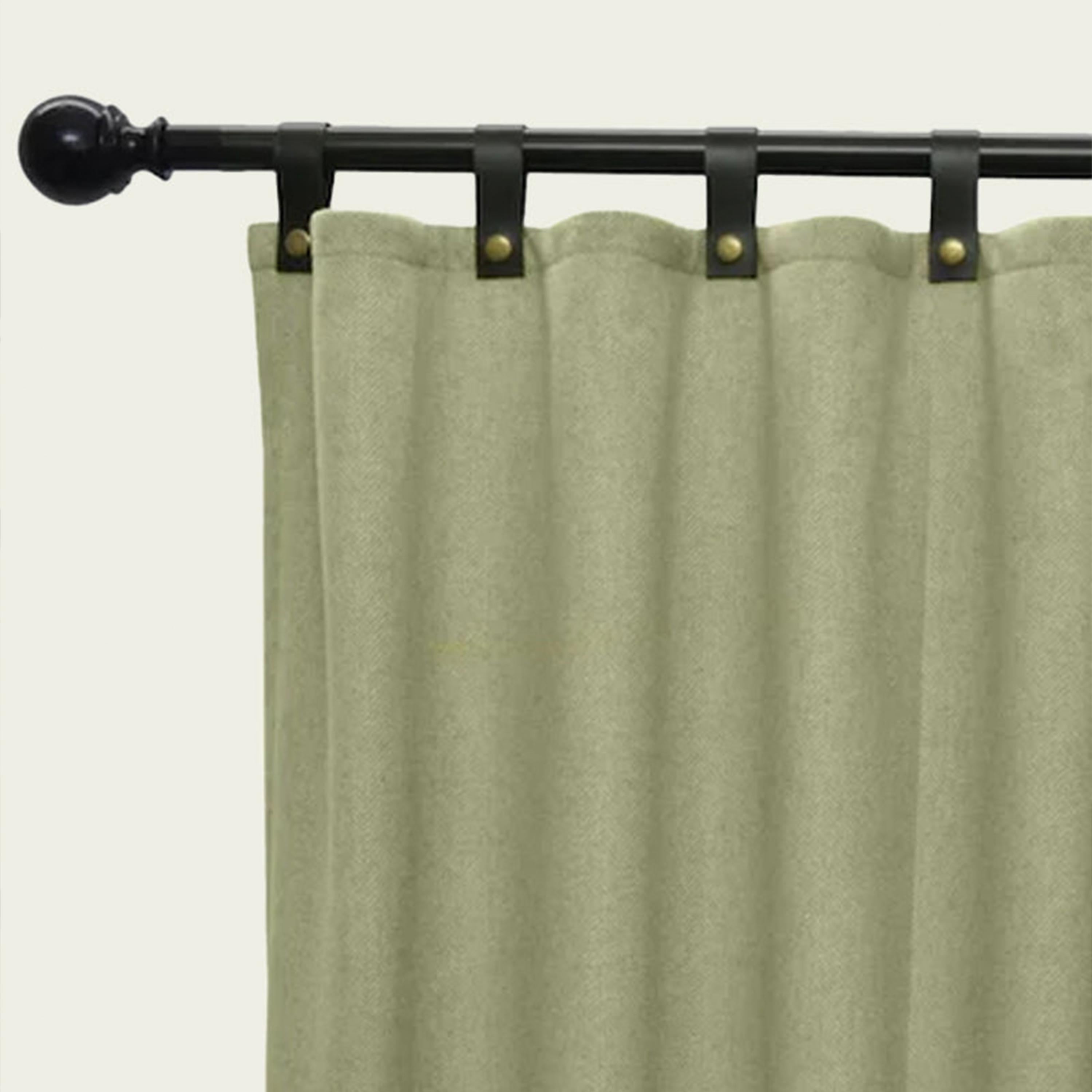 Custom Herringbone Wool Curtains with Genuine Leather Tabs and Brass Buttons