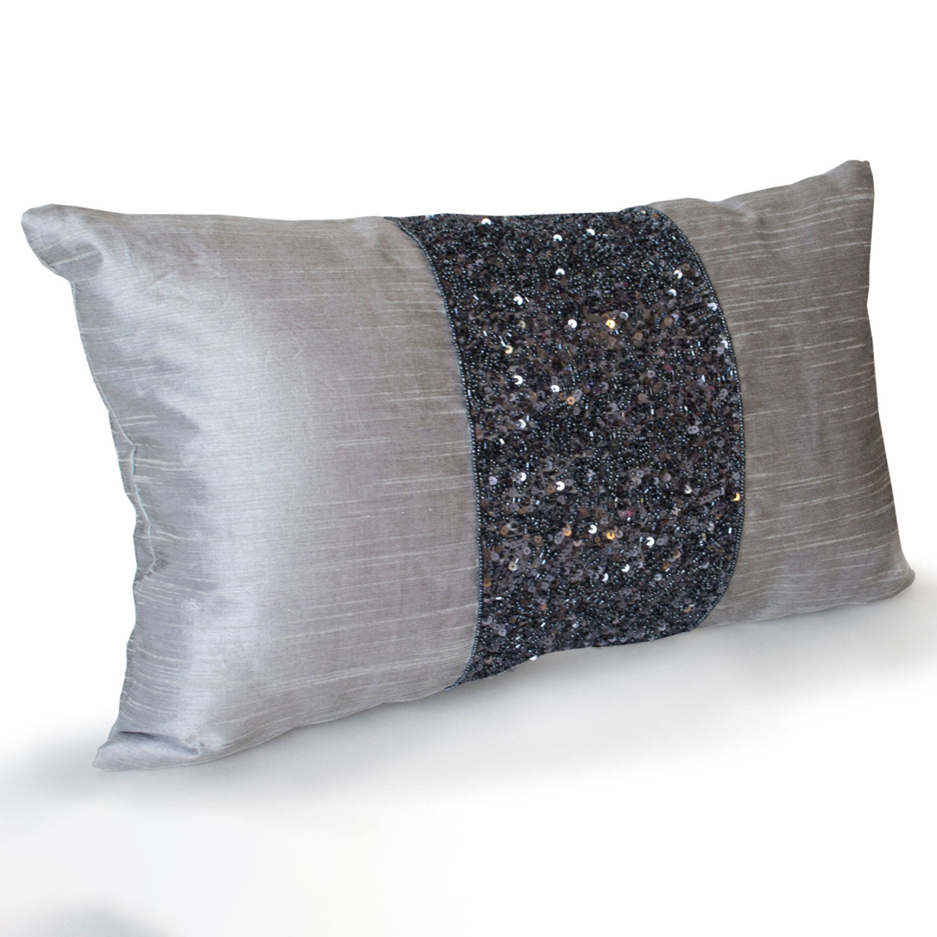 Grey Silk Metallic Beaded Pillow