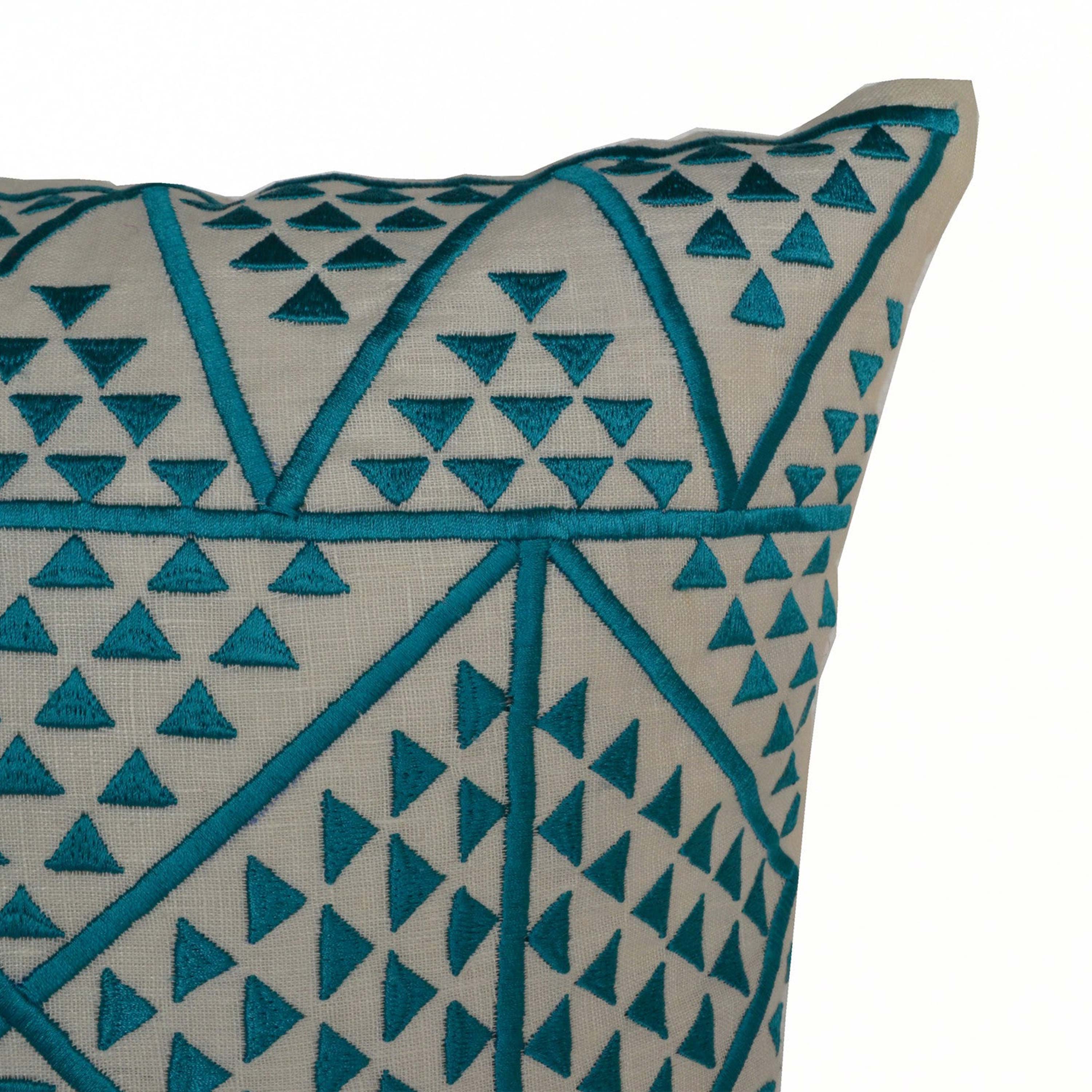 Teal Aztec Embroidery on Linen Pillow