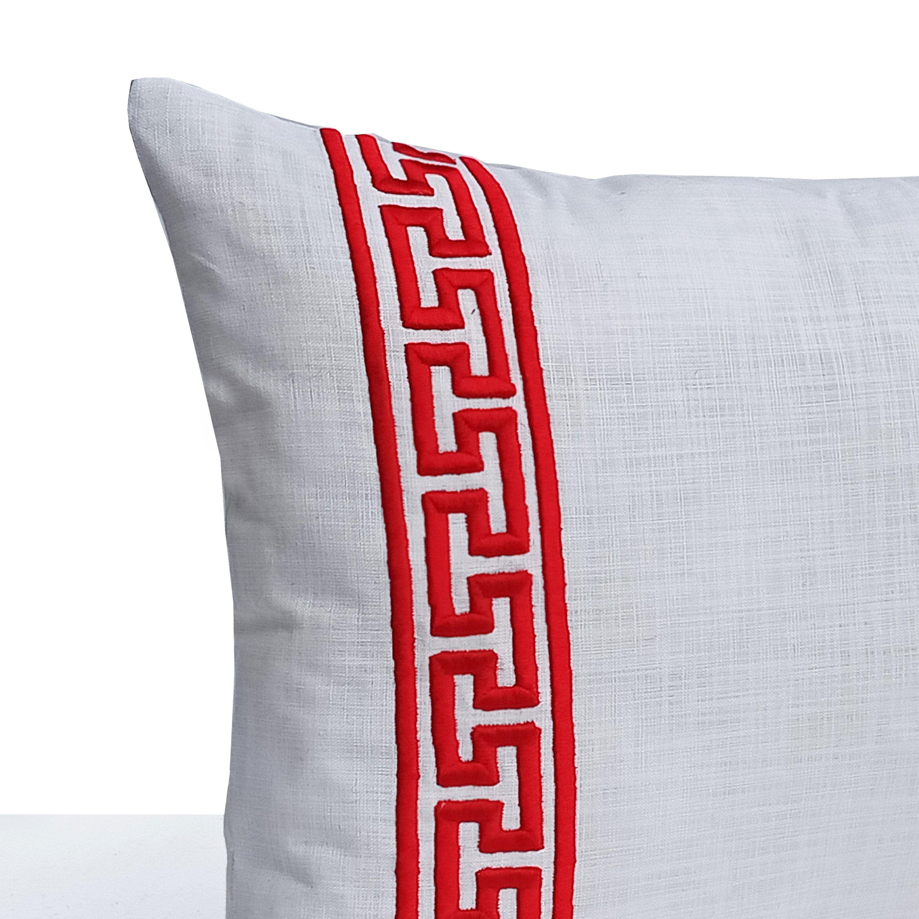 White Red Greek Key Pillow Cover
