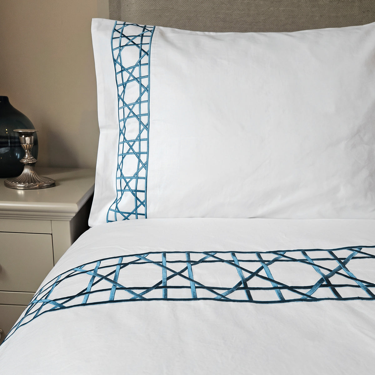 Embroidered Duvet Cover With Shams, Basket Weave Bedding