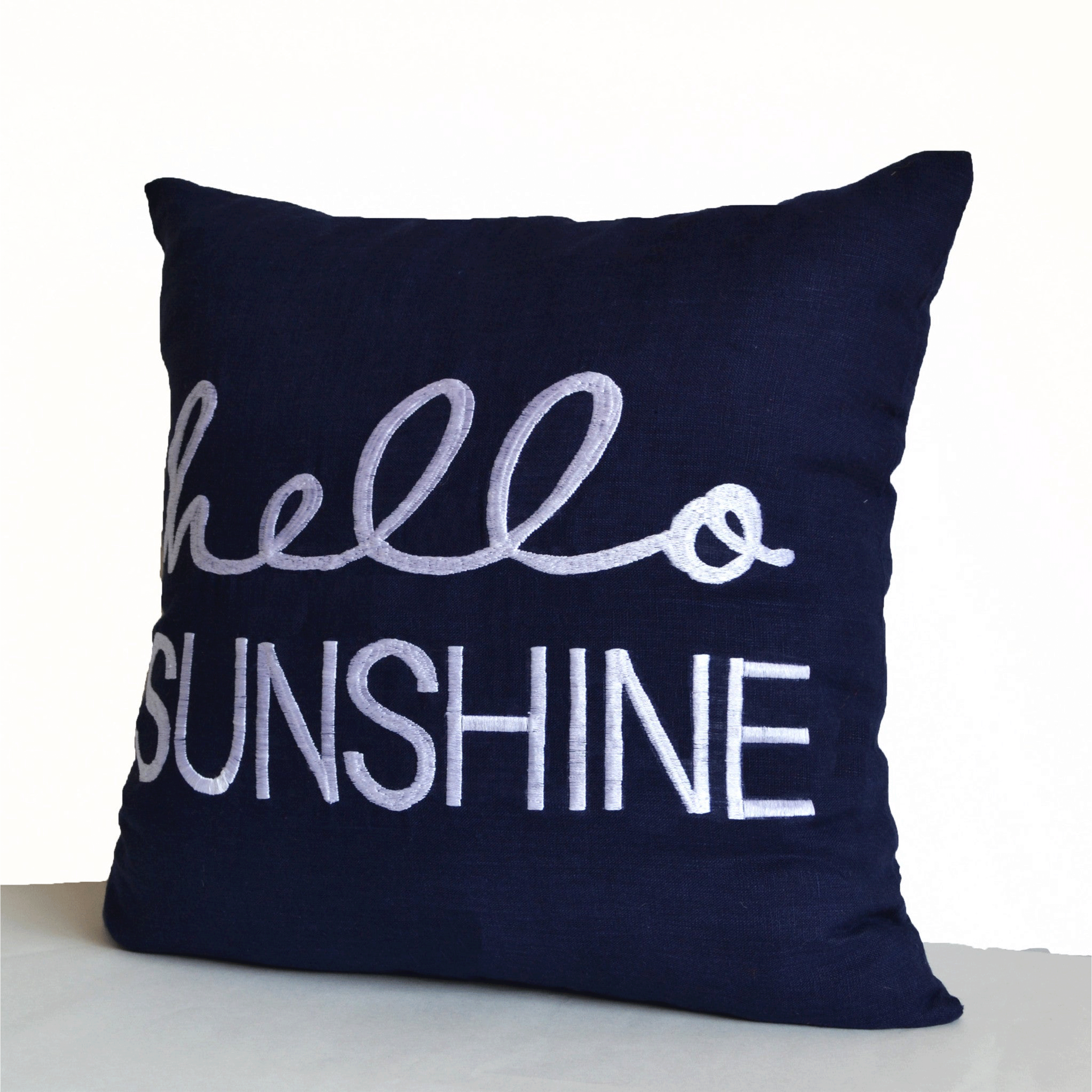 Navy Blue Throw Pillow Cover with Hello Sunshine Embroidery