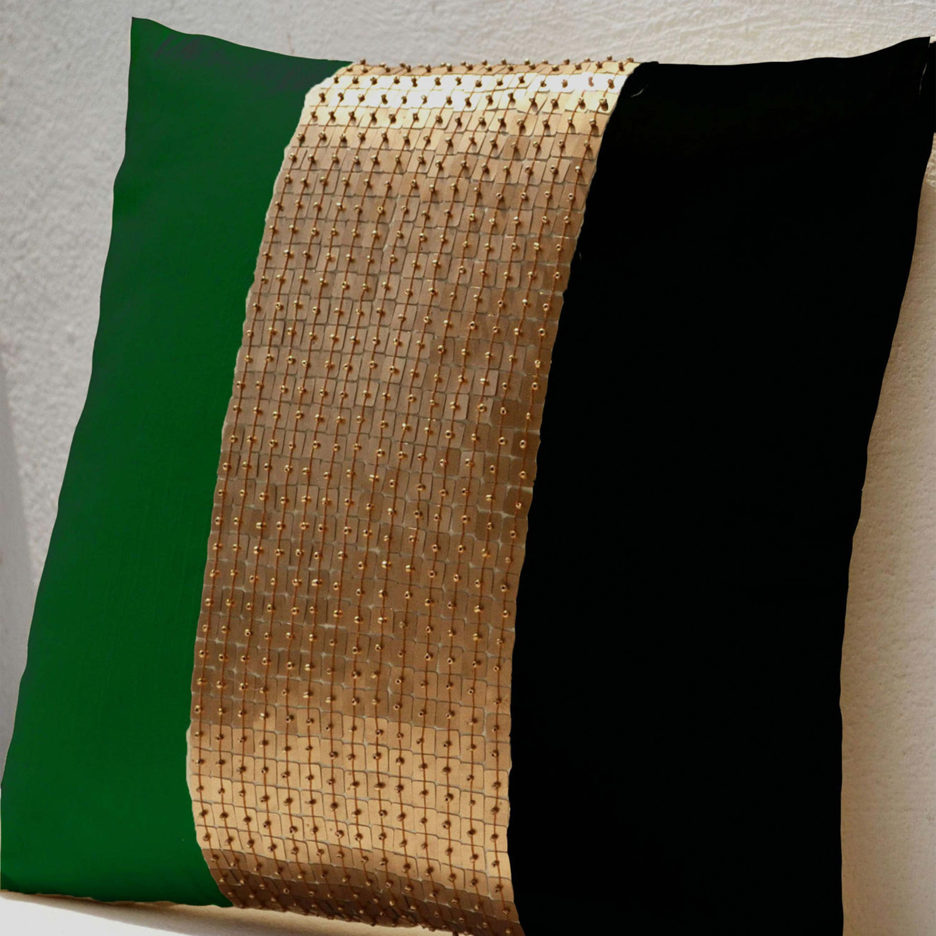 Throw Pillows - Emerald green, black, gold color block in silk sequin detail cushion - sequin pillow - 16X16 Color block pillow - gift