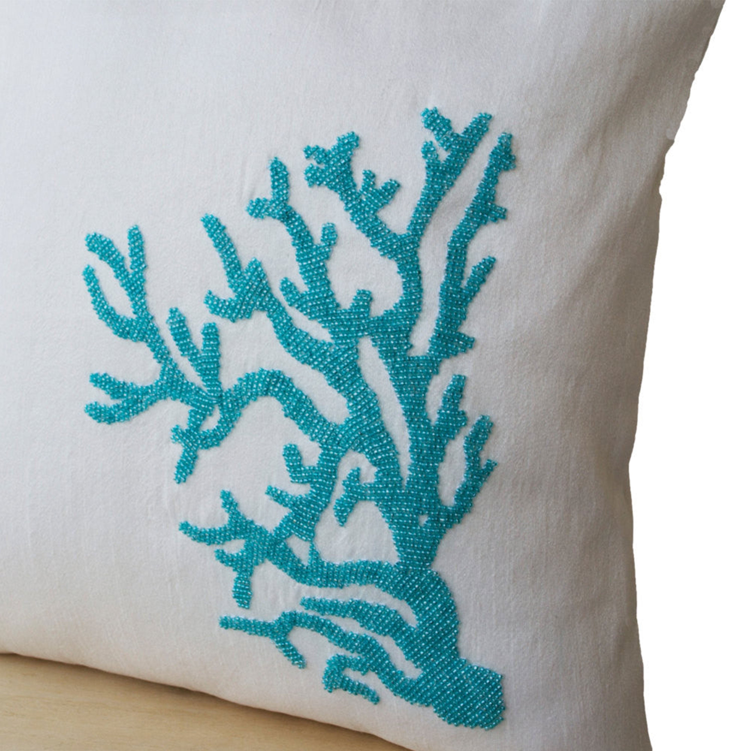 Decorative Pillow Cover Embroidered With Turquoise Blue Coral On White Silk