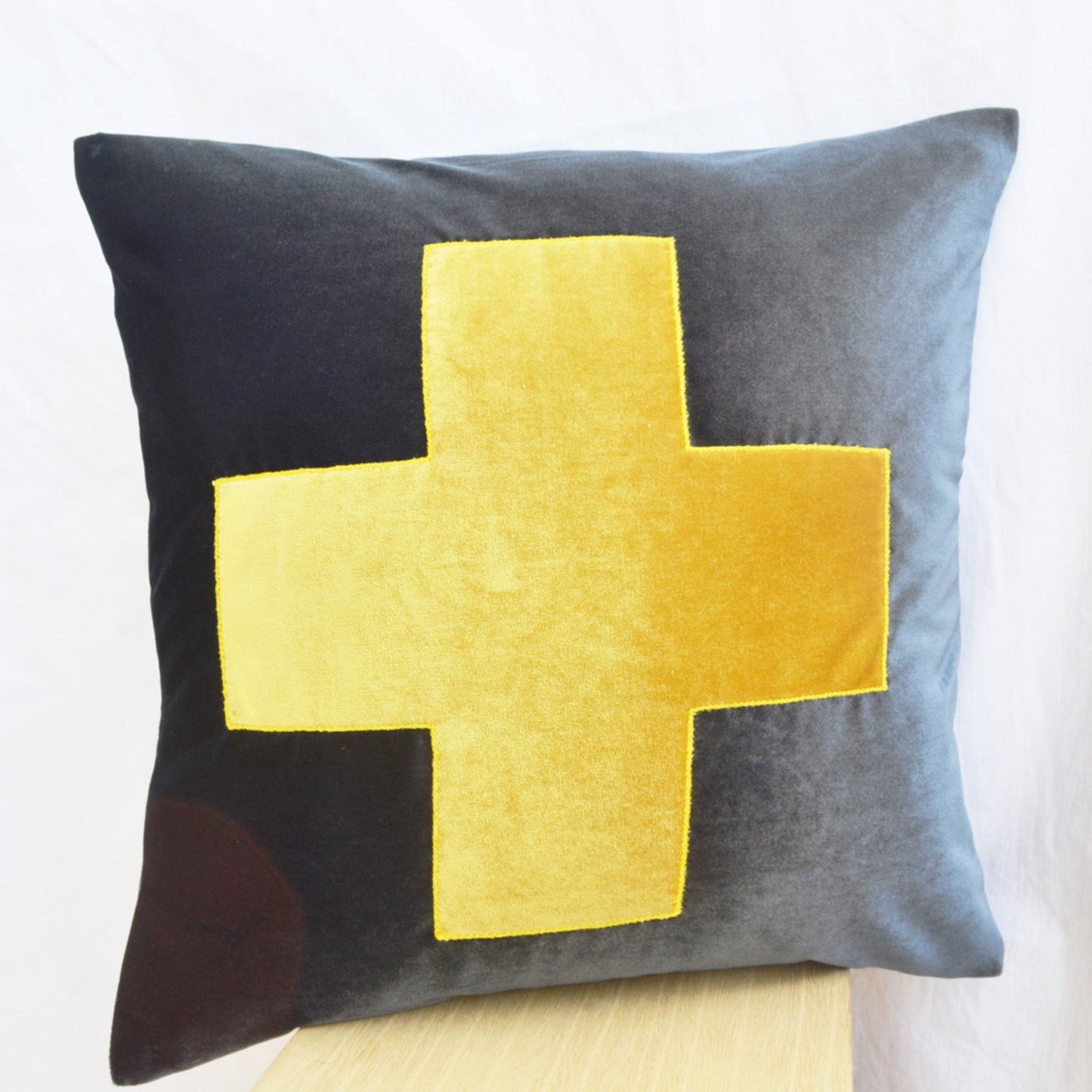 Gray Throw Pillow Cover With Yellow Cross