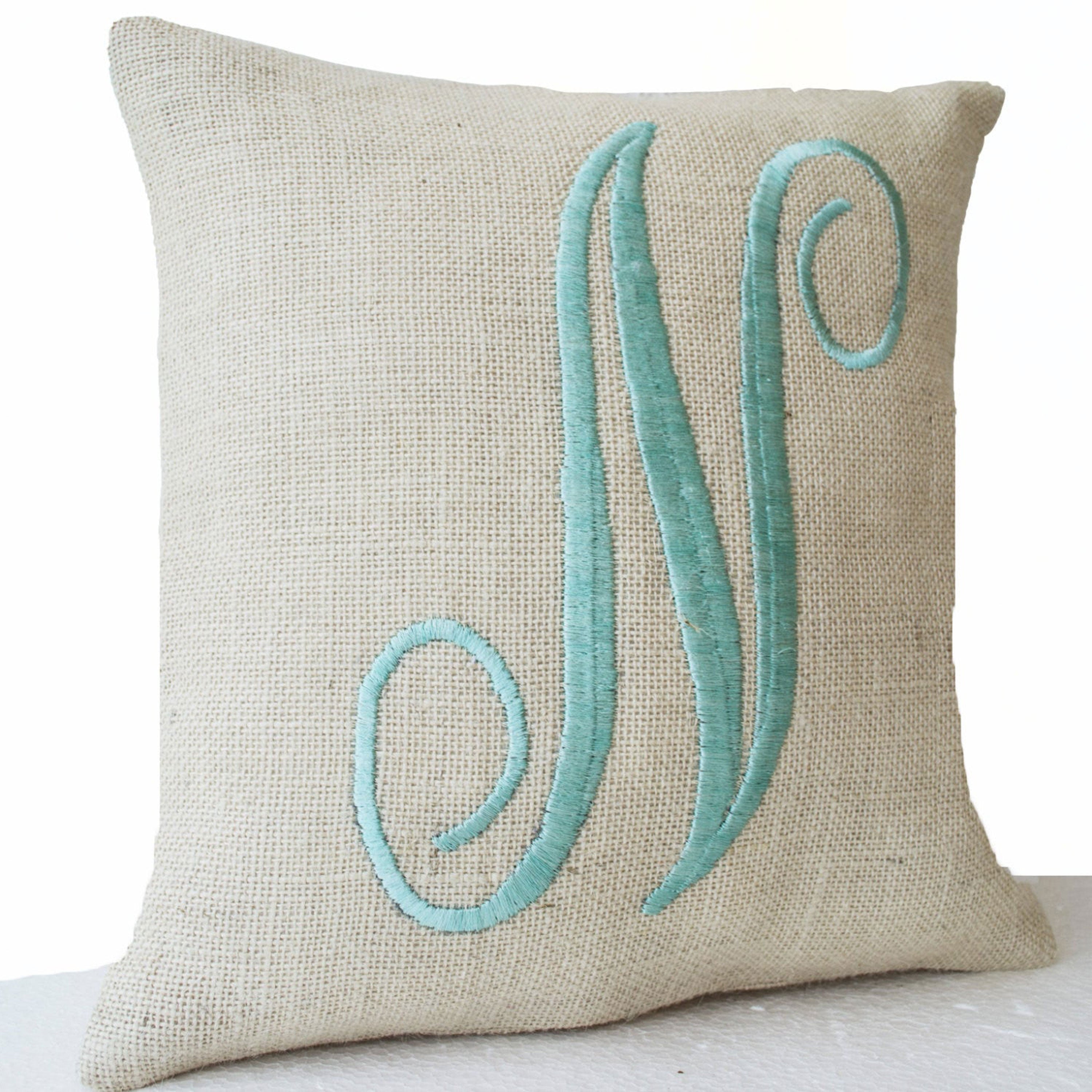 Monogram Pillows- Ivory burlap with mint embroidered letter throw pillow- Custom letter pillows- Gift- 16x16- Cursive letter monogram pillow