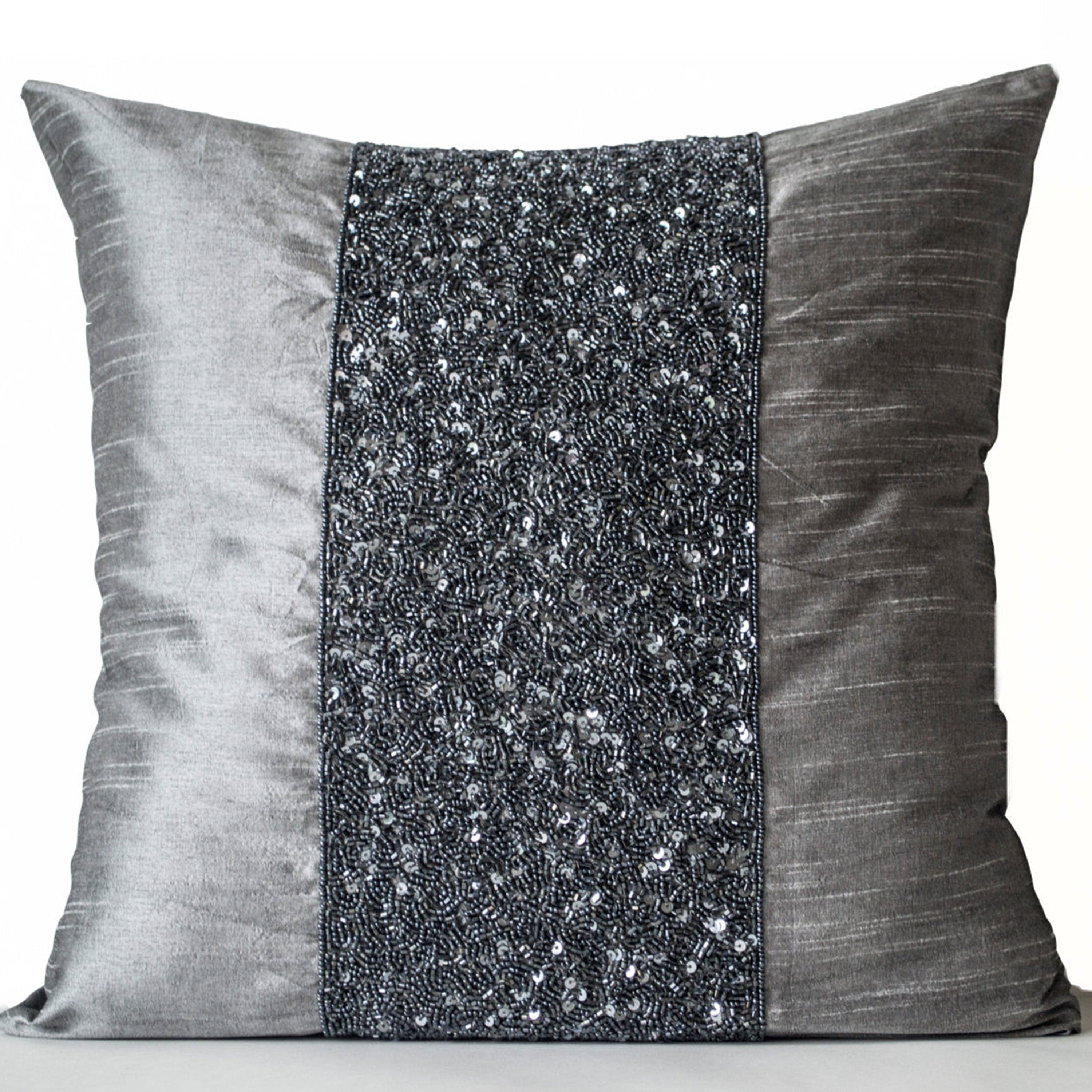 Grey beaded Pillows -Grey Silk Metallic Pillow cover -Sparkle Pillow -Gray Beads Embroidered Pillow -16x16 -Gift -Beaded Cushions -Grey Bead