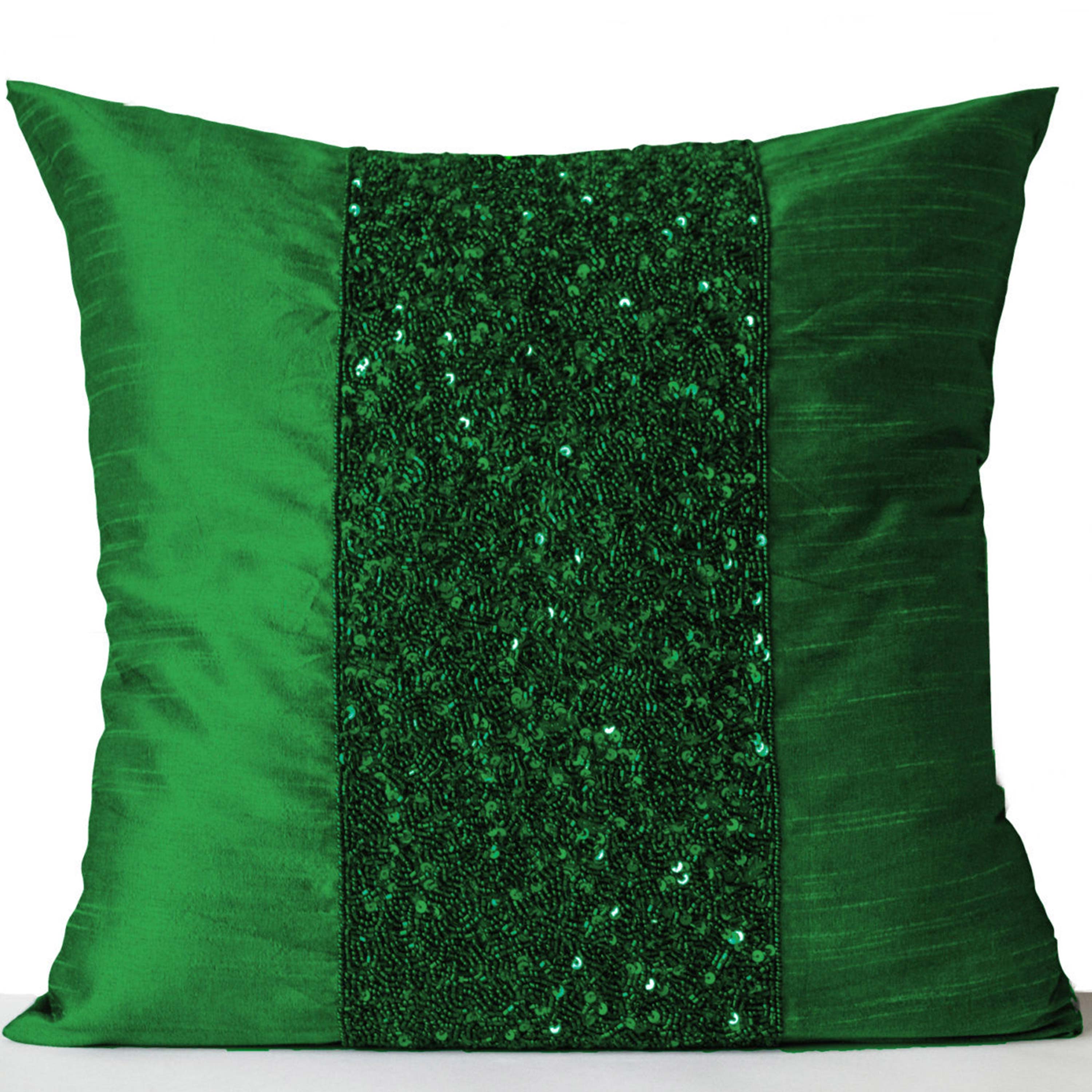 Throw Pillows -Emerald Green Silk Pillows -Sparkle Pillow covers -Green Beads Sequin Embroidered Pillow -18x18 -Gift -New Year -Anniversary