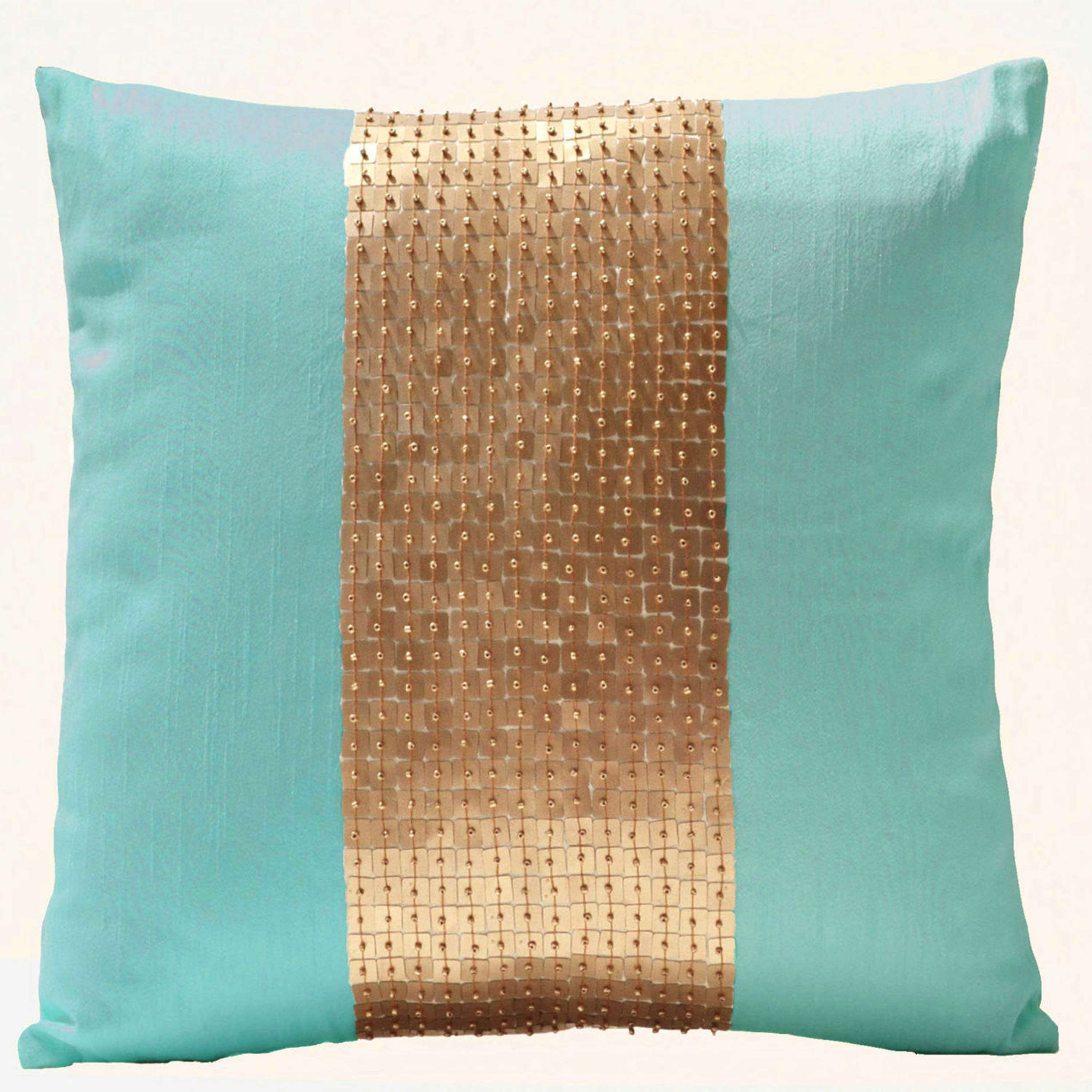 Teal Pillows -Teal gold color block pillows in silk -Sequin pillows -16X16 -Couch pillows- Sofa pillows- Toss pillow -Decorative pillow