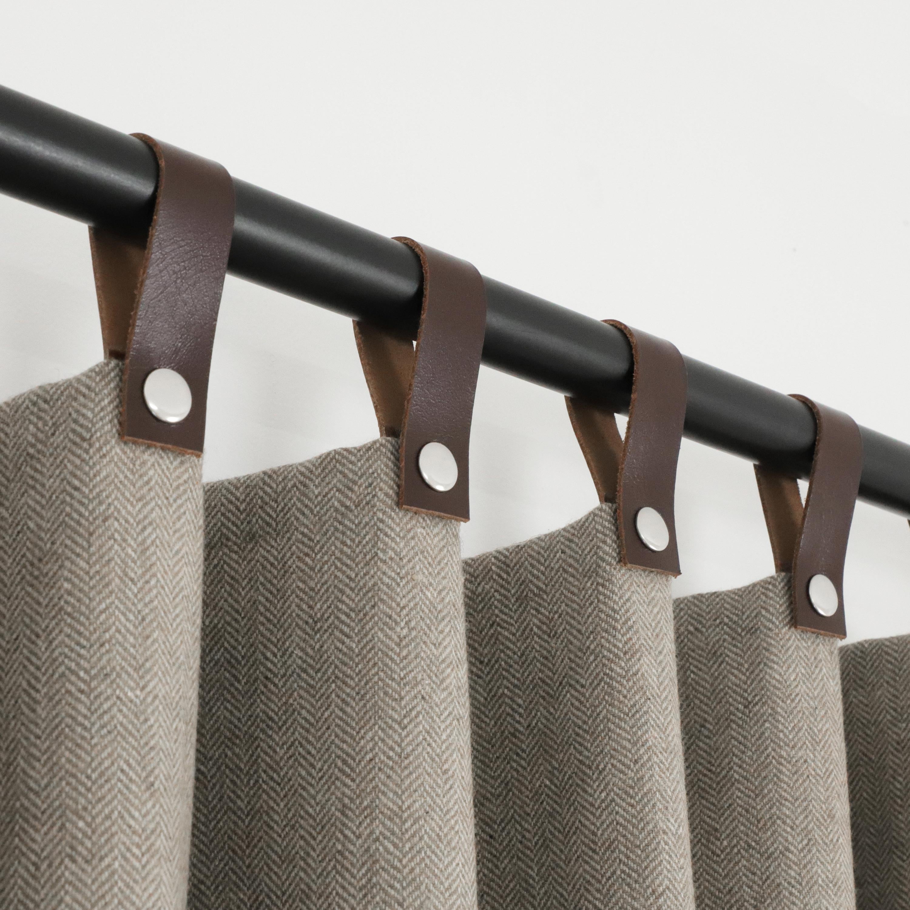 Taupe Chevron Wool Curtains With Leather Tabs