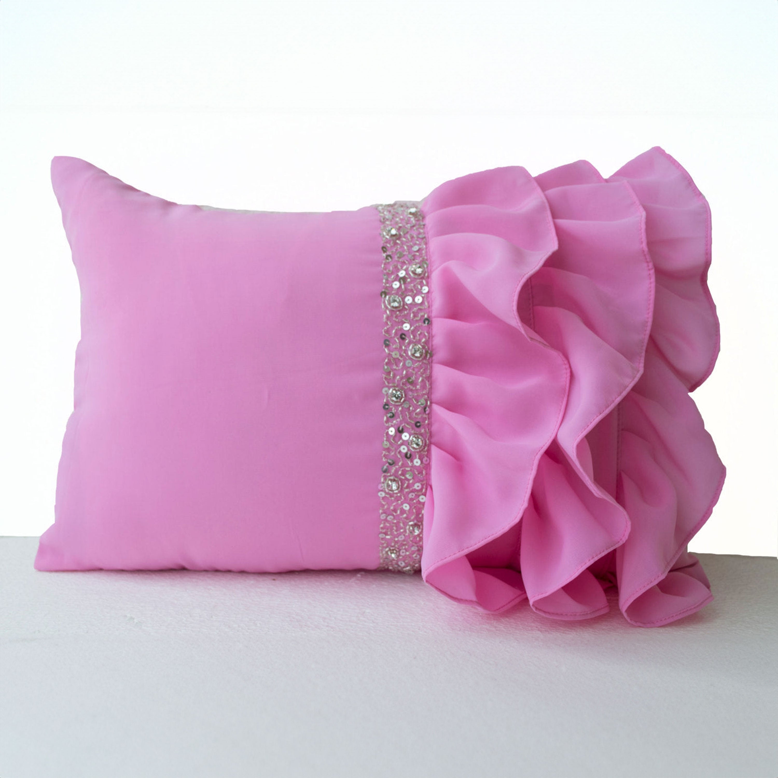 Pink ruffled pillow, Georgette Ruffle pillow covers, Pink Lumbar Pillow