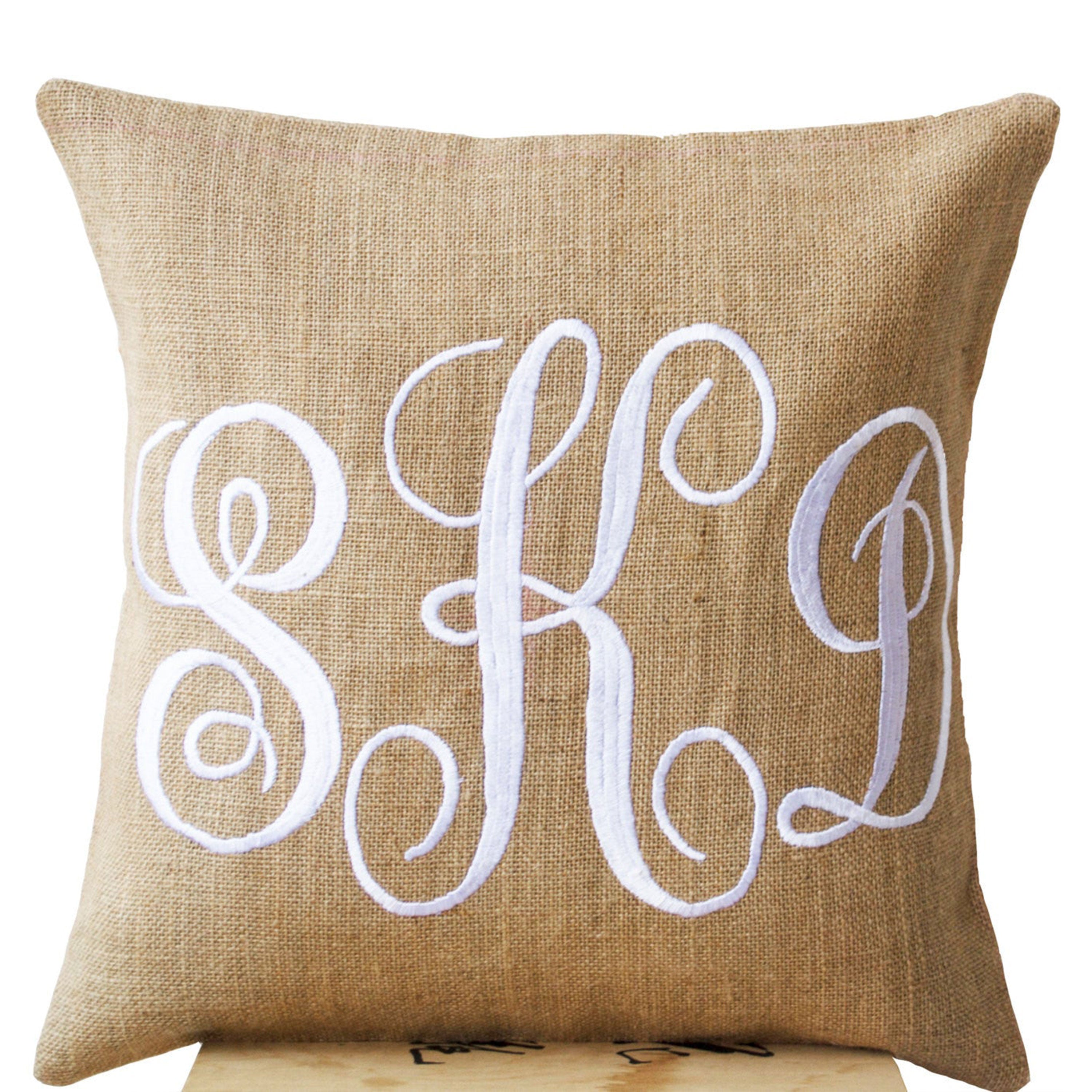 Handcrafted Monogram Custom Throw Pillows in Burlap Cushions with Initials