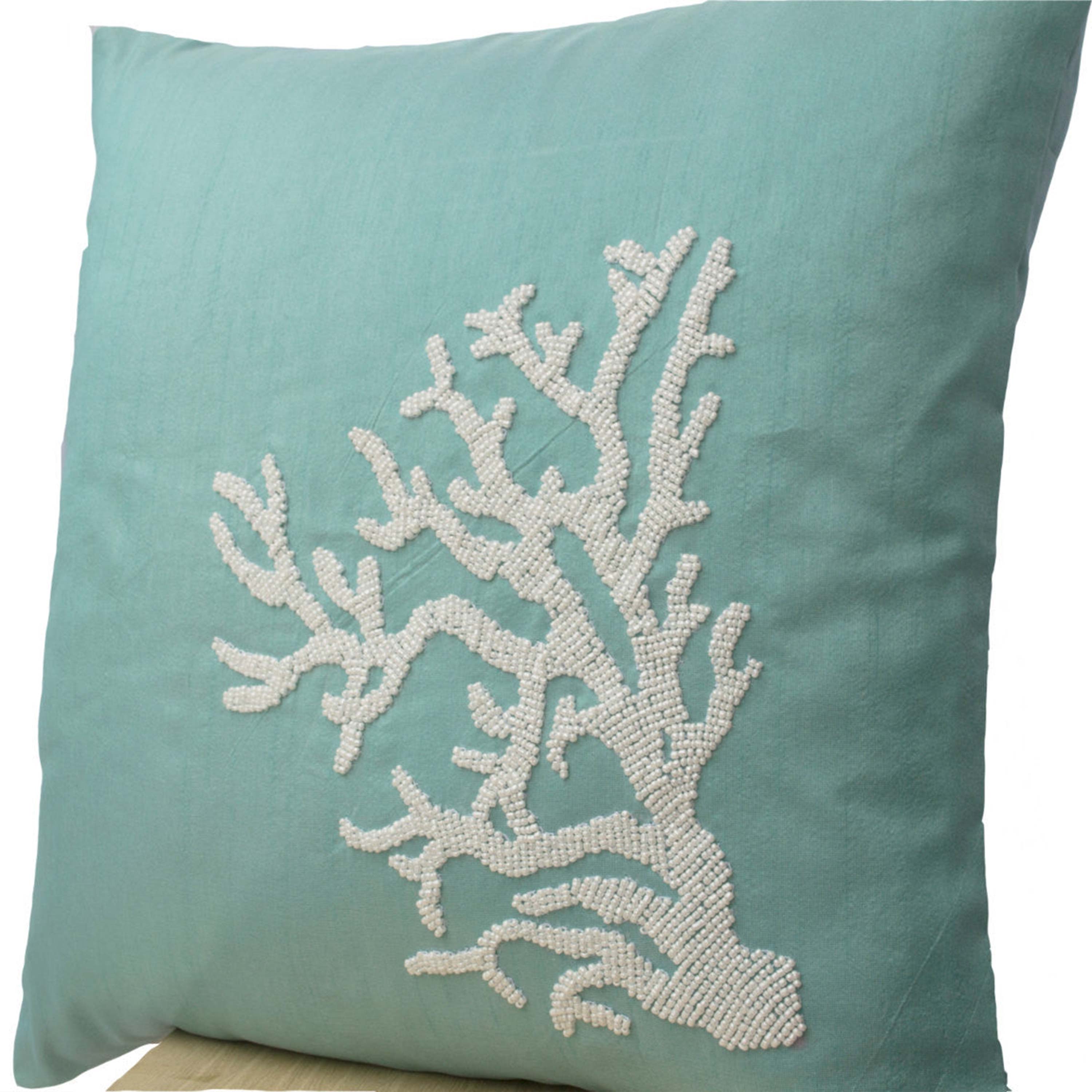 Teal Decorative pillow with white coral in beads -Oceanic pillows -Teal cushion -Embroidered Pillow- 16X16-Couch pillows -Coral reef pillow