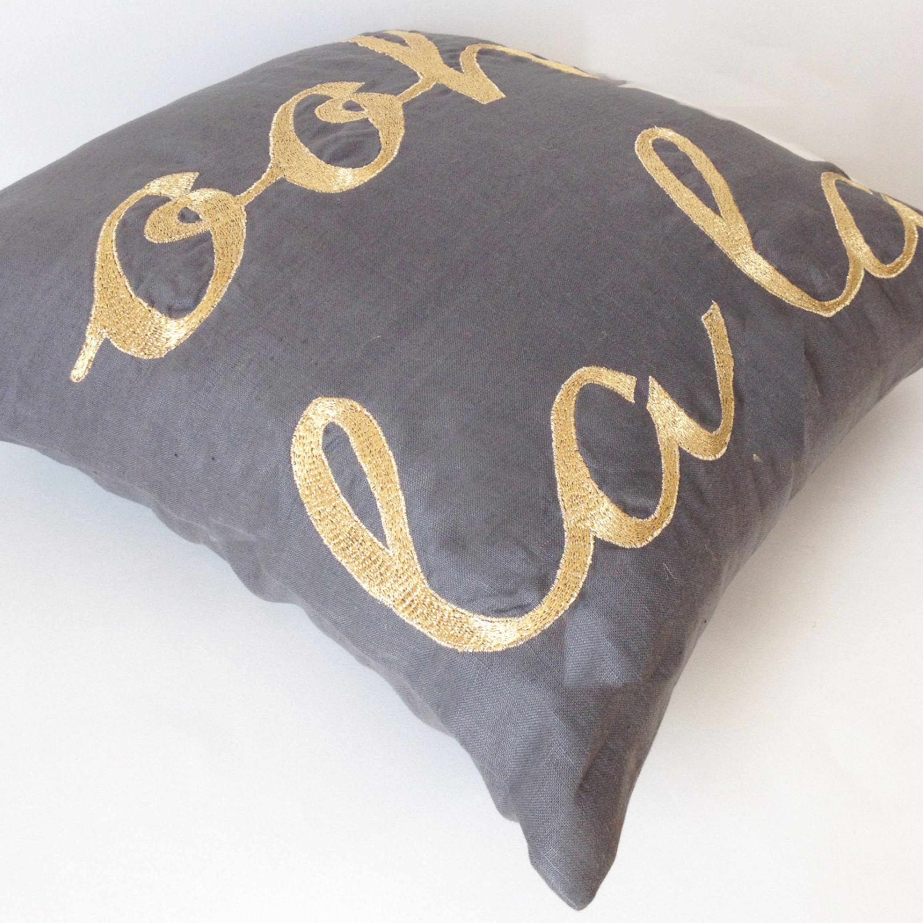 Gray Linen Throw Pillow Cover with Gold Ooh La La Embroidery