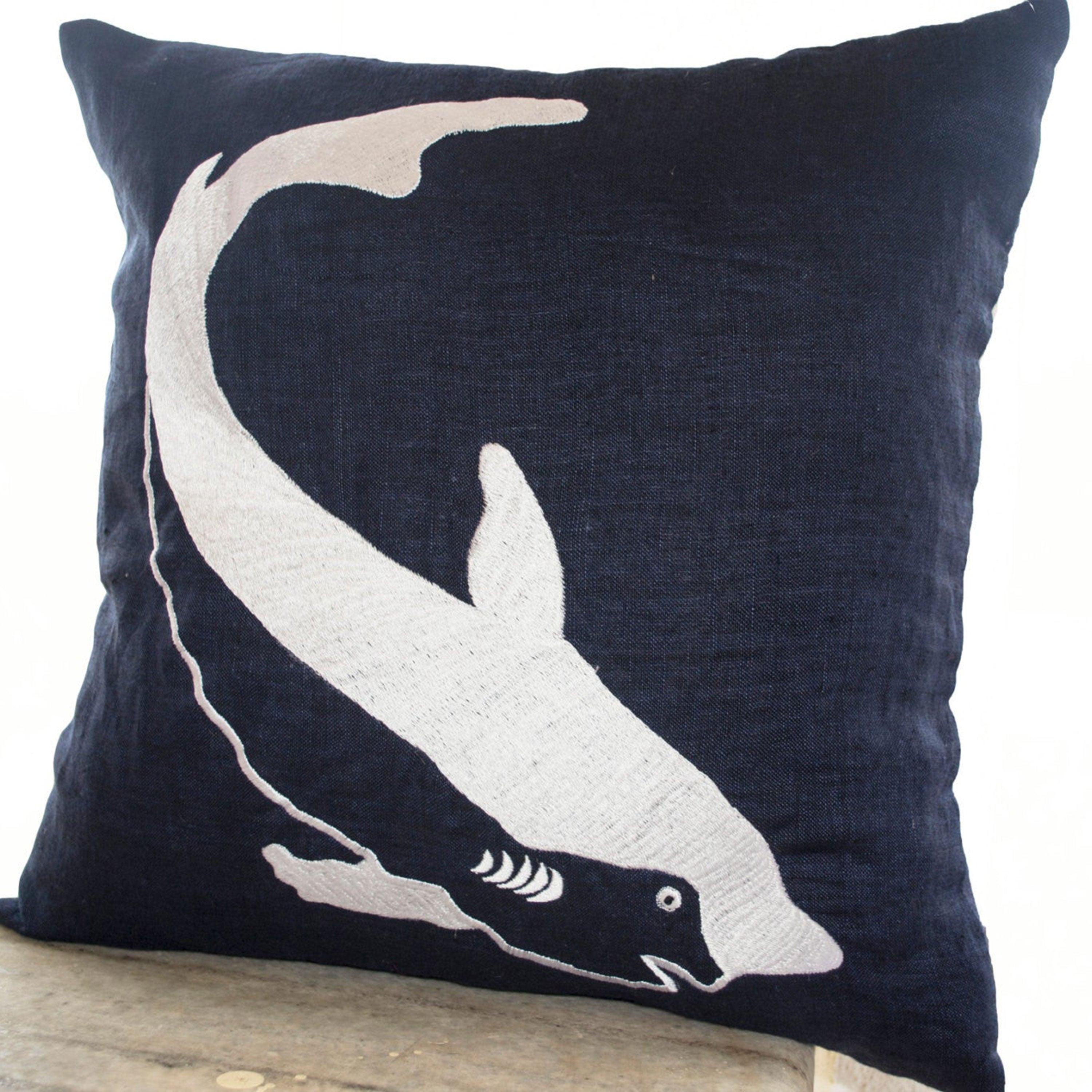 Linen Pillows- Navy Pillow Covers- Shark Throw Pillow- Sea Life Pillow- Navy Blue Pillow- Oceanic pillows- 18x18 Gift Pillow- Chair Pillow