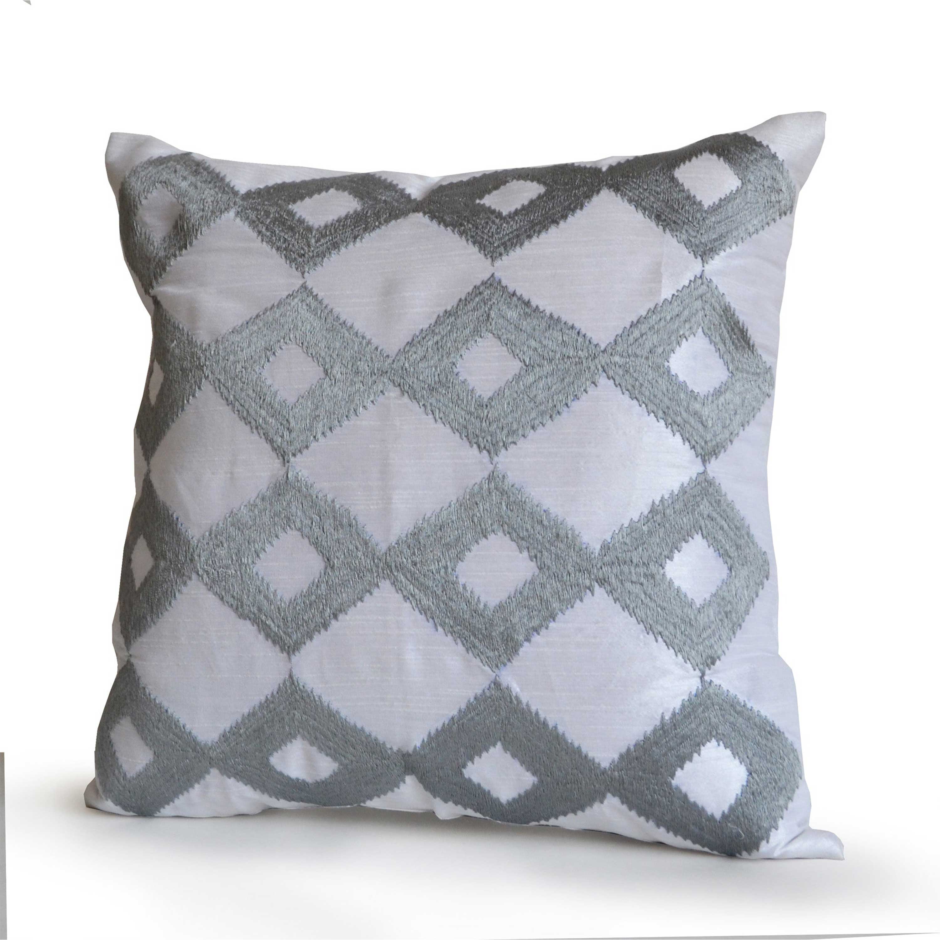 Silver Throw Pillows In White Silk With Ikat Embroidery