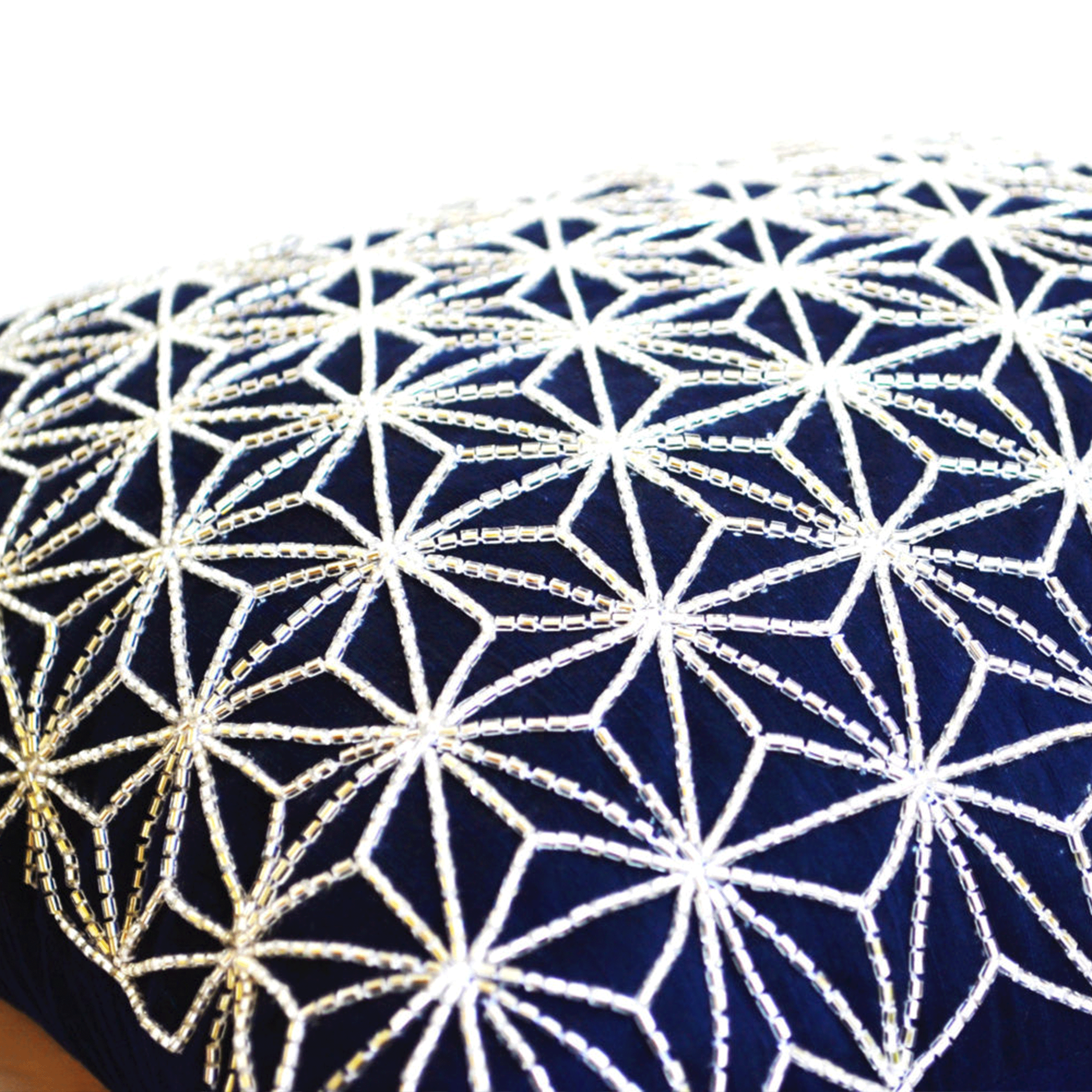 Navy Blue throw pillow with silver embroidered hemp leaf - Sashiko pillow cover- Cushion cover zipper - Geometric Throw  pillow