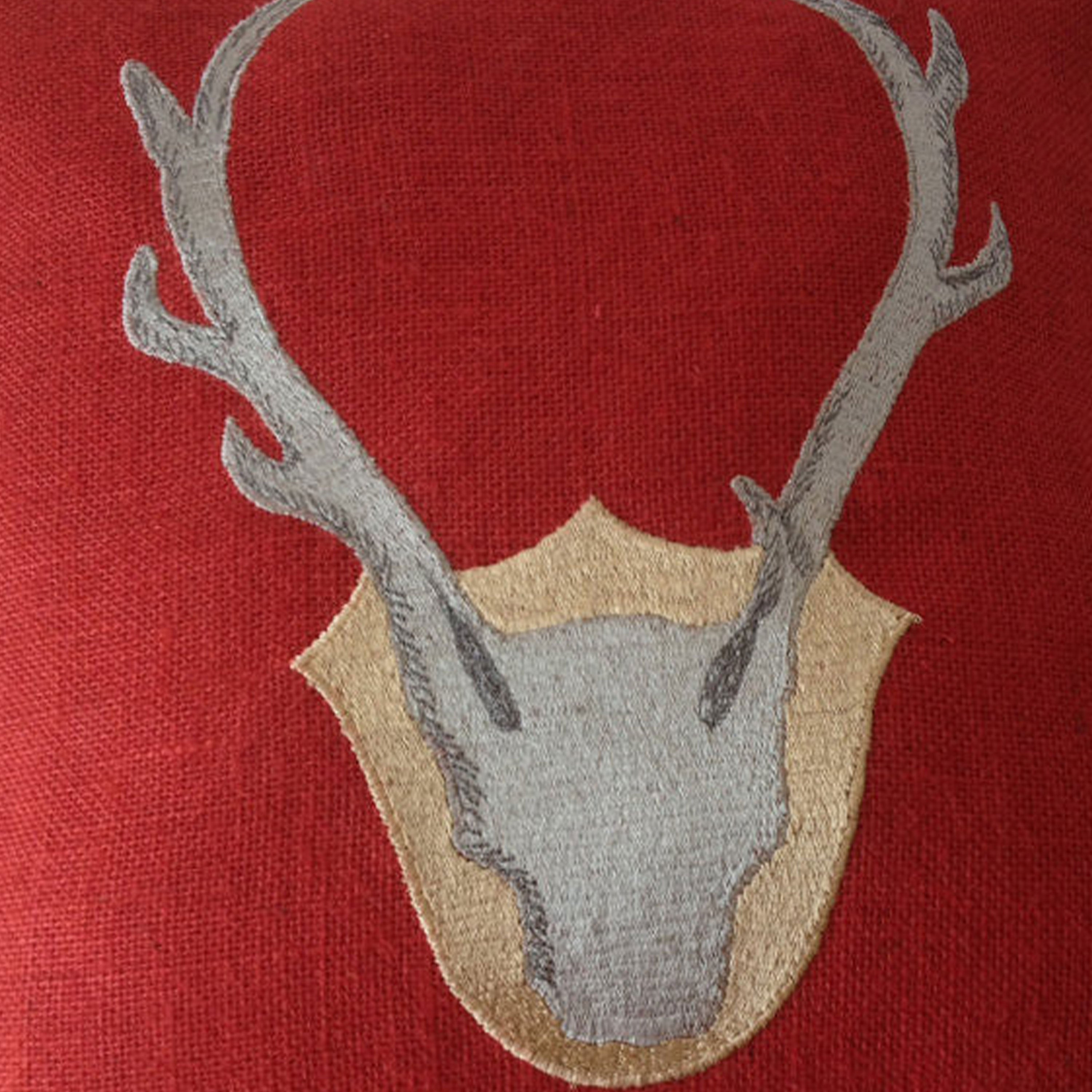 Deer Antler Pillow On Red Burlap With Embroidery For Christmas Decor