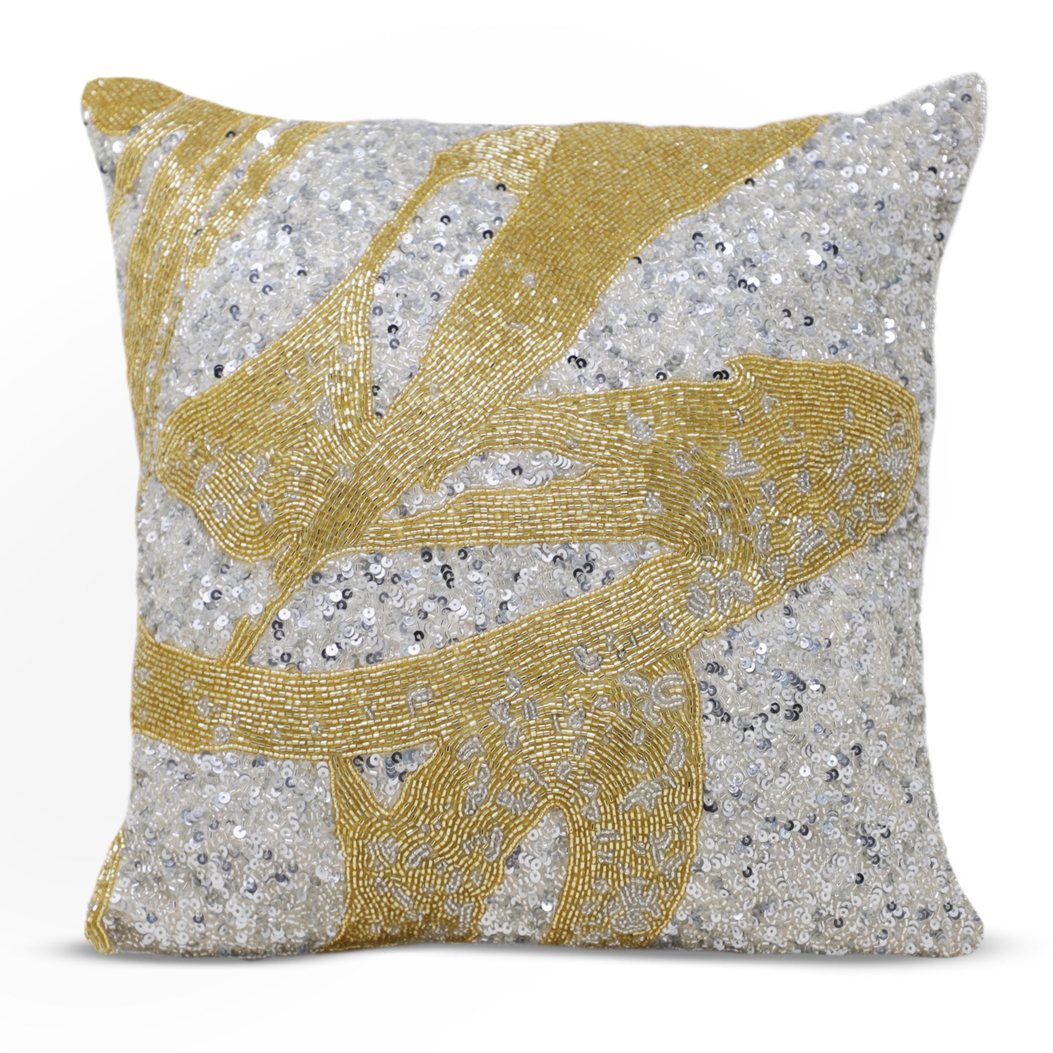 Ode To Japan - Gold Silver Beaded Pillow Cover, Gilver Beads Pillow Case