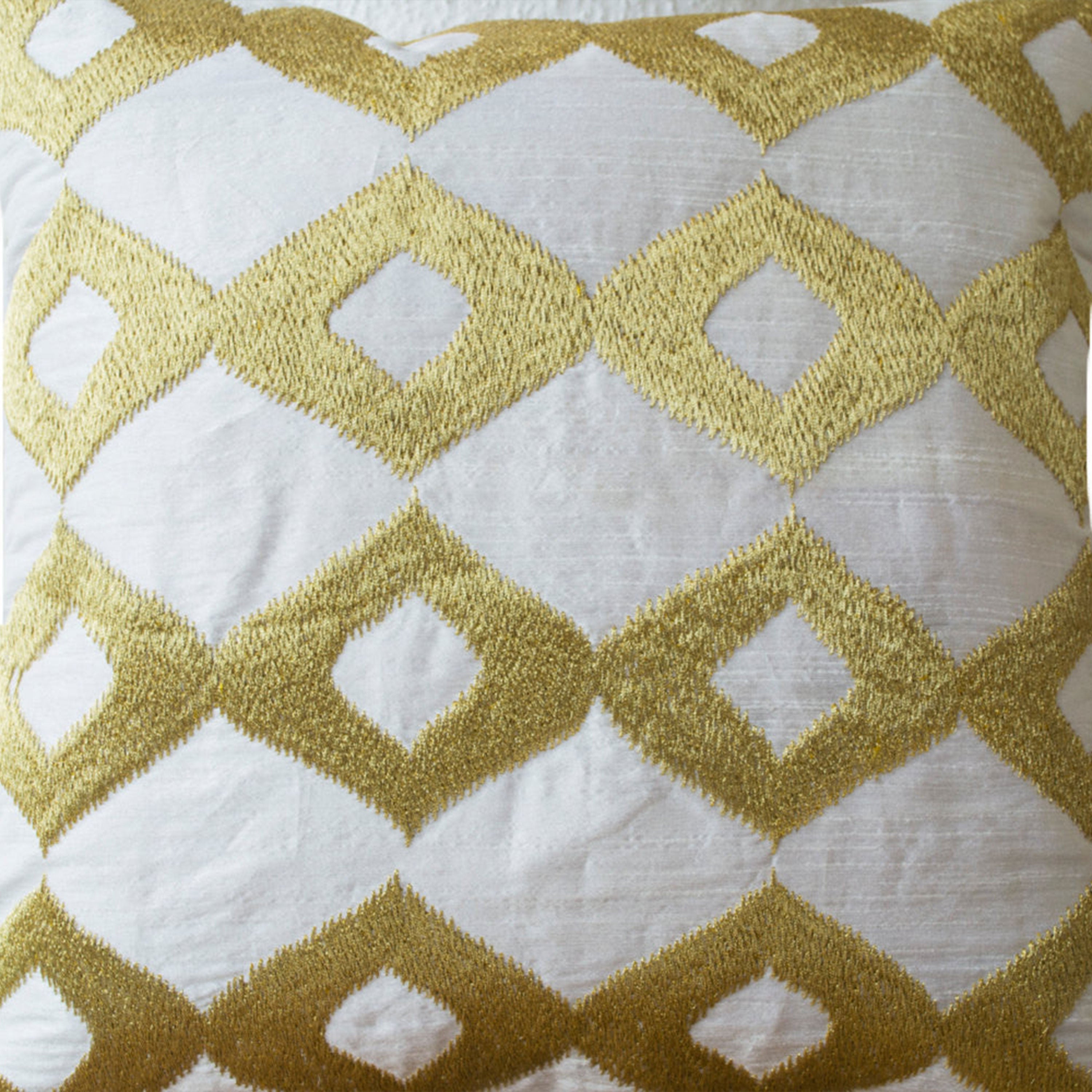 Gold Pillows- White Silk Gold Ikat Embroidered Pillow- White Gold Pillow- Silk Pillow- 16x16- Couch Pillow- White Cushion- Gift- Ikat Pillow