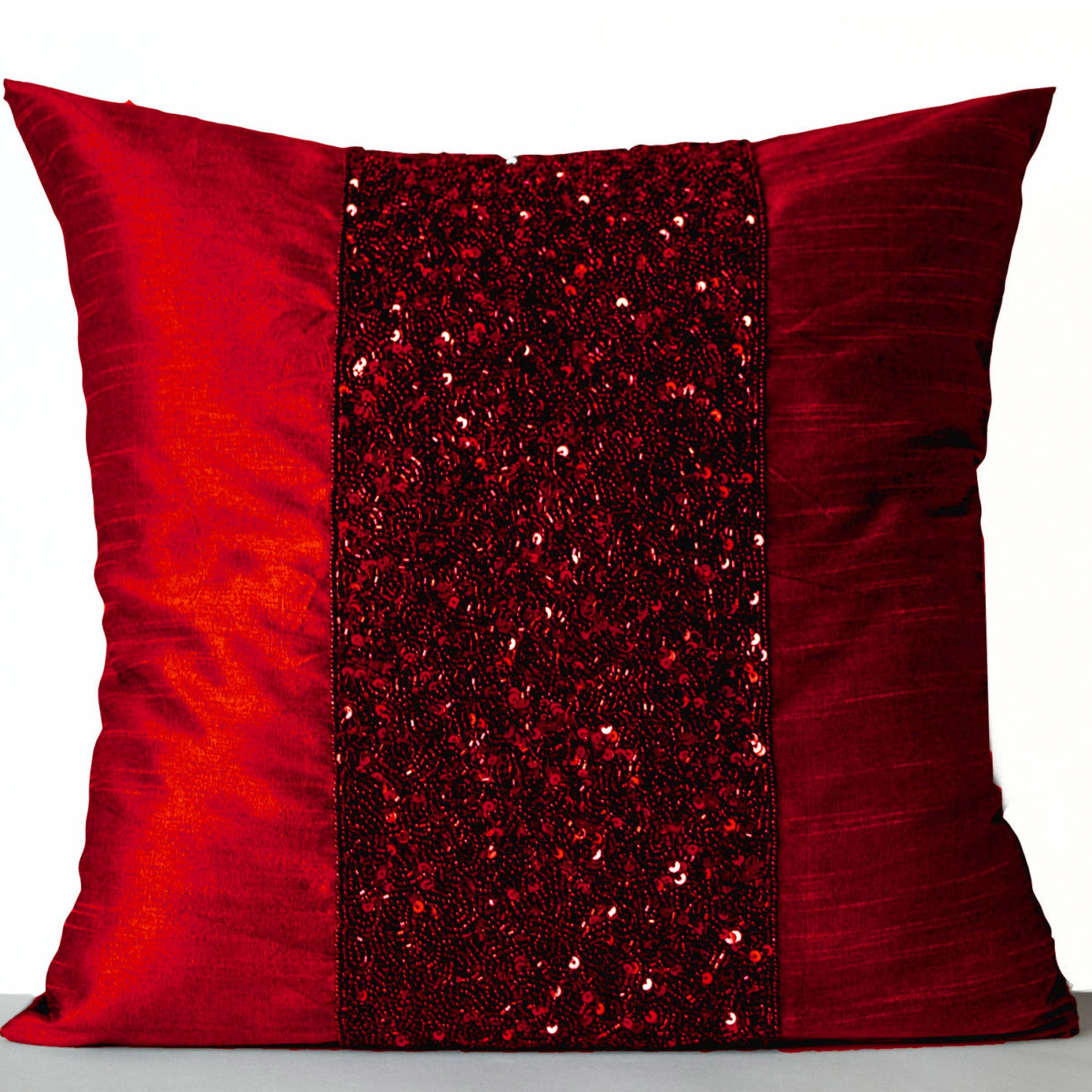 Red pillow covers -Red Silk Pillows -Red Metallic Sparkle Pillow -Red Beads Embroidered Pillow -18x18 -Gift -Beaded Cushions -Couch Pillows