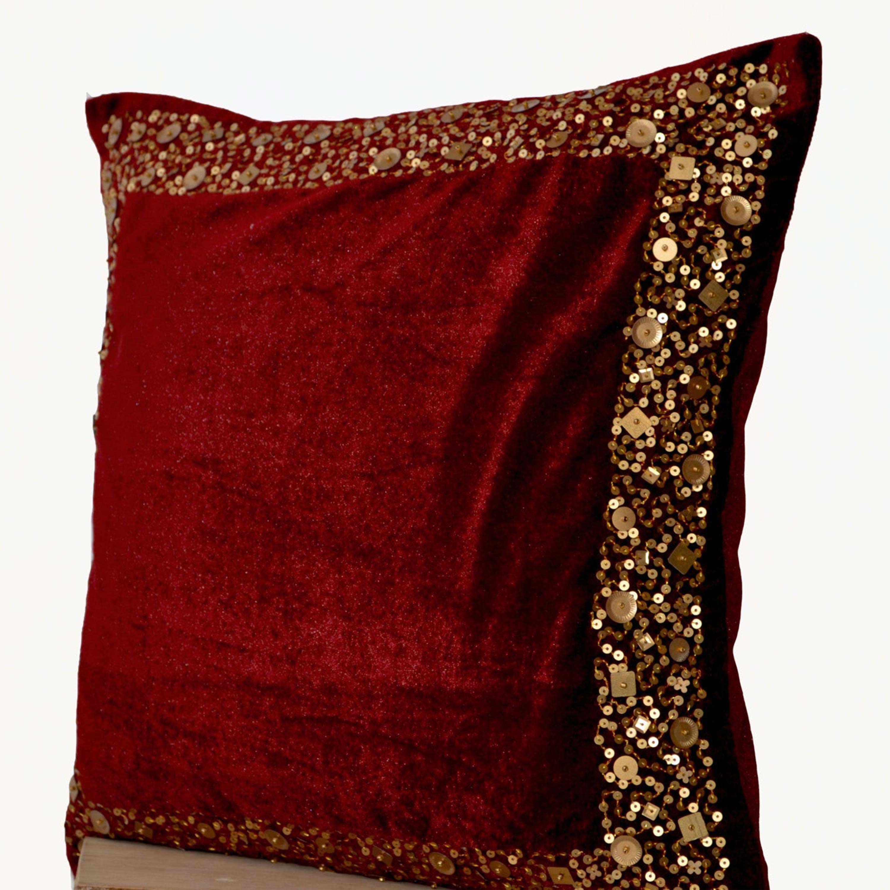 Velvet Throw Pillows -Maroon Velvet cushion with gold sequin boarder -sequin bead pillow -16X16 -Dark red pillow - gift pillow- Couch pillow