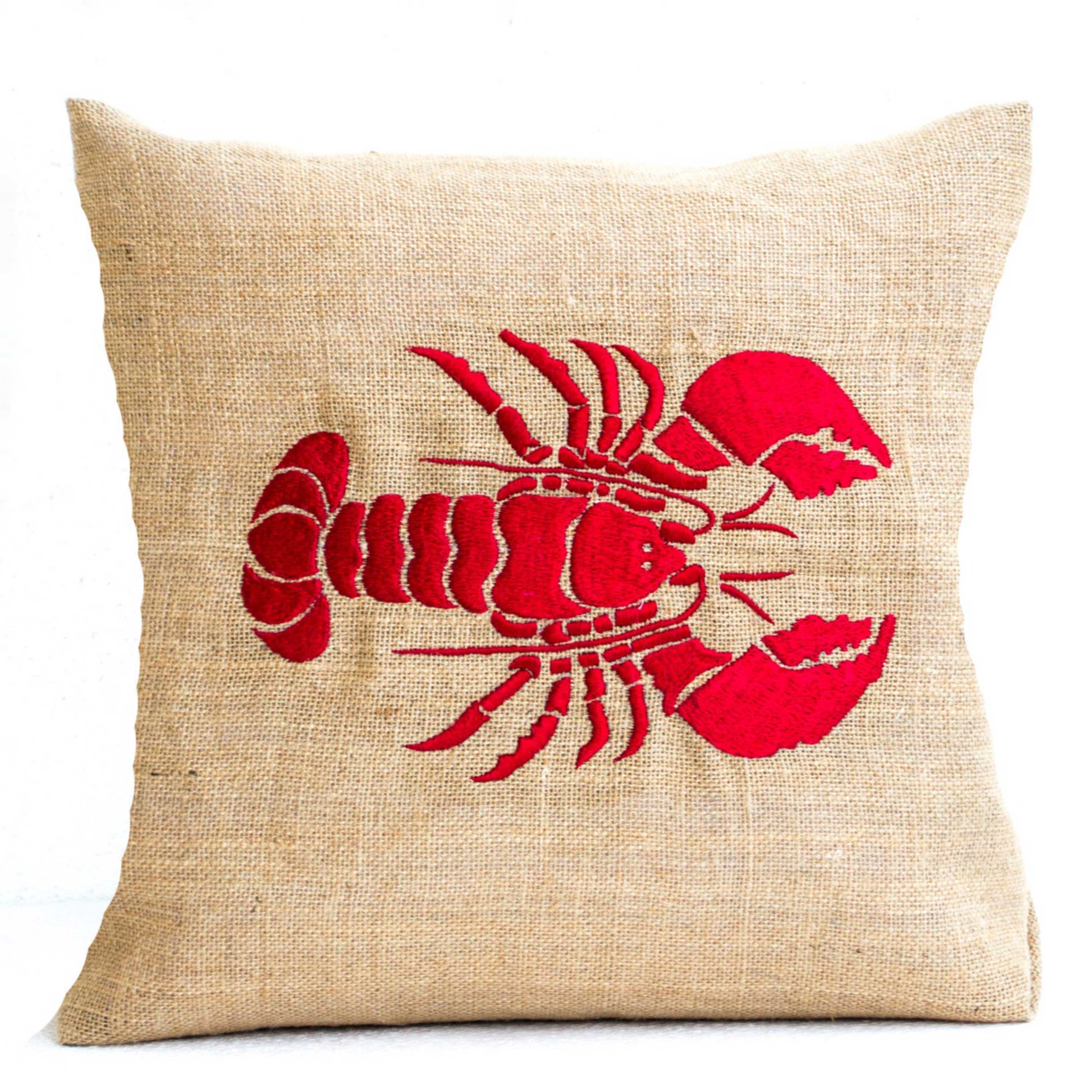 Sea pillow Embroidered lobster pillow Burlap pillow Red lobster throw pillow cushion Gift Bedding Red cushion Oceanic pillow