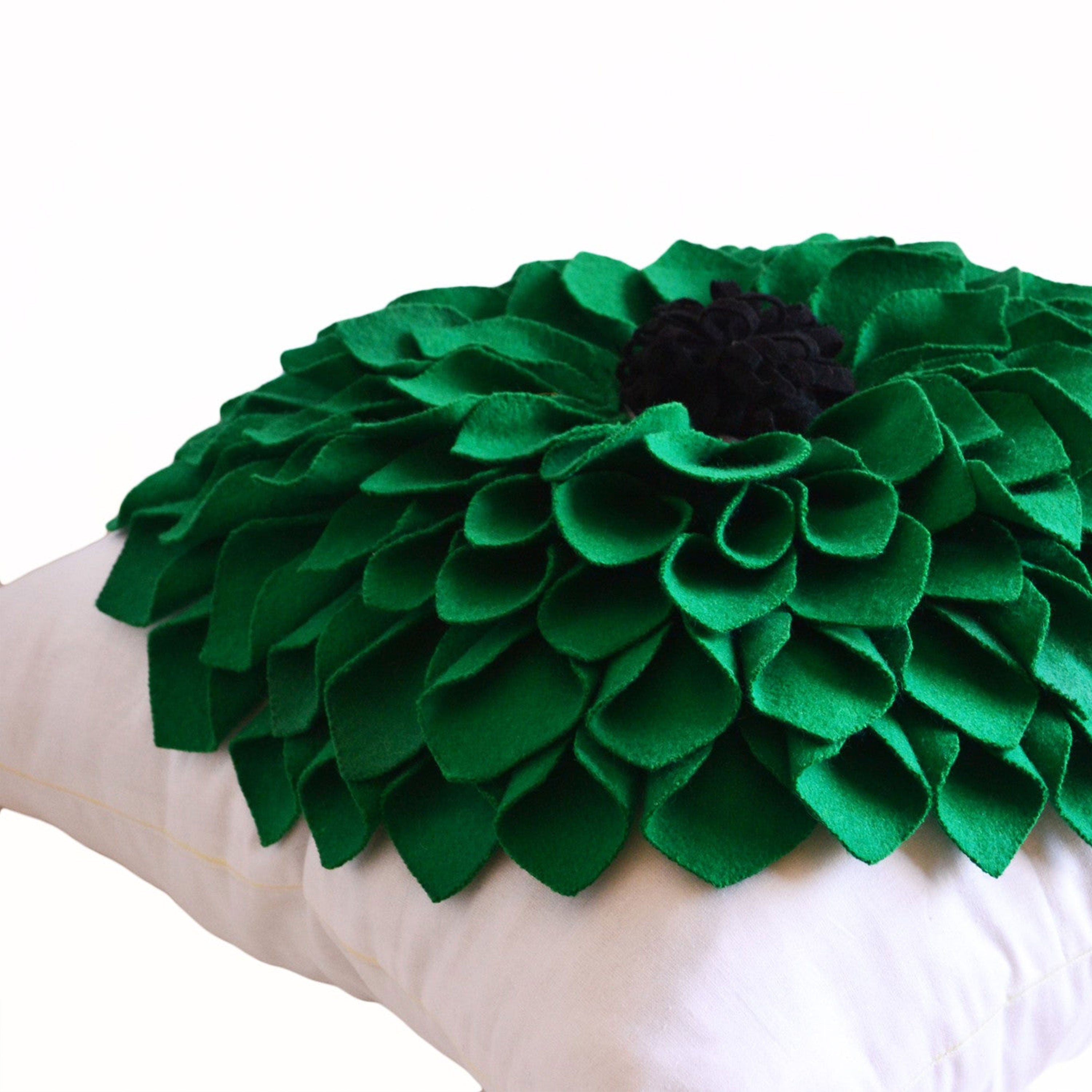 Green Blossom Felt Flower Decorative Throw Pillow Cover Handcrafted Dahlia Cushion Floral Decor