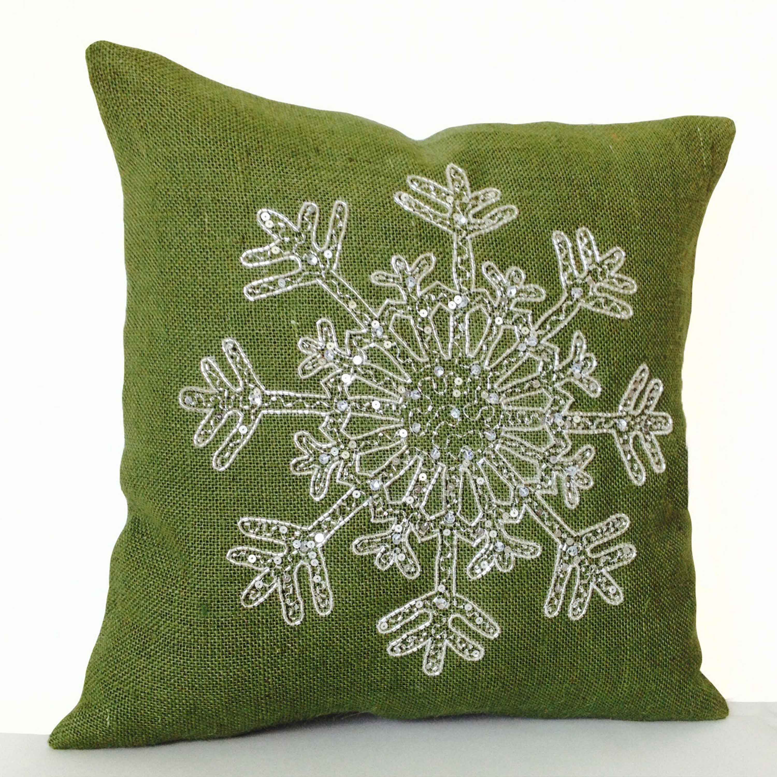 Snowflake Pillow, Green Throw Pillow, Burlap Pillow Cover