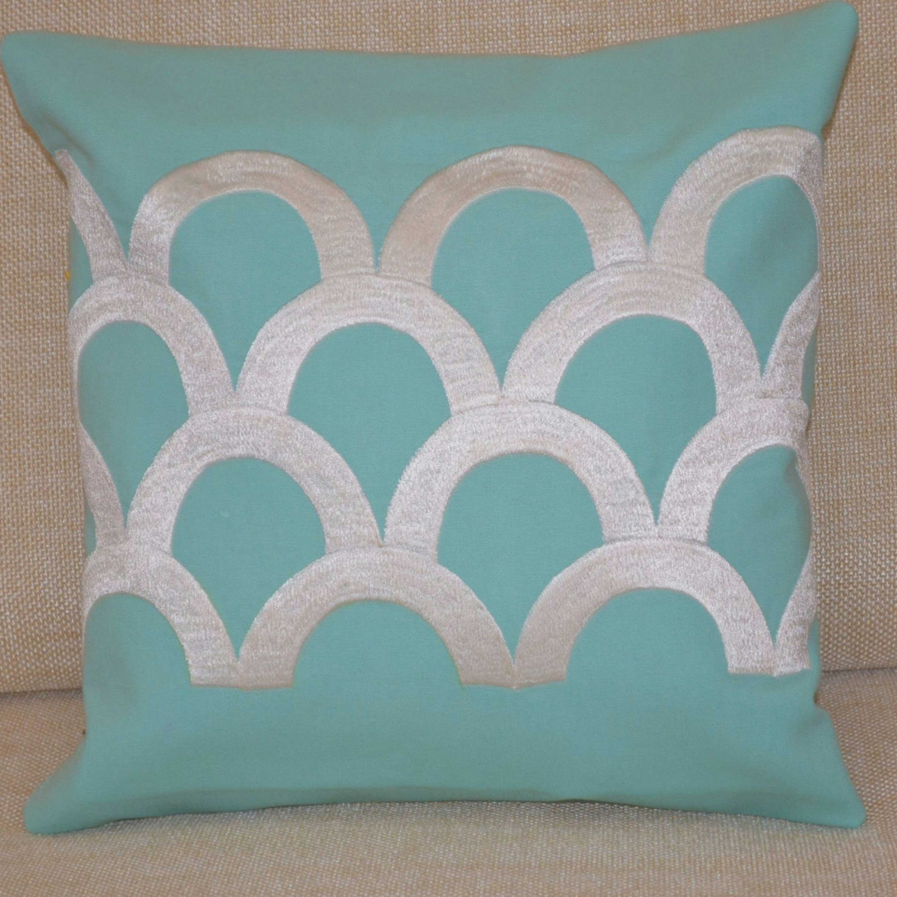 Sea Waves Teal Cushion Cover Teal Pillow with Ivory White Silk Embroidery Easter gift 16X16 pillow