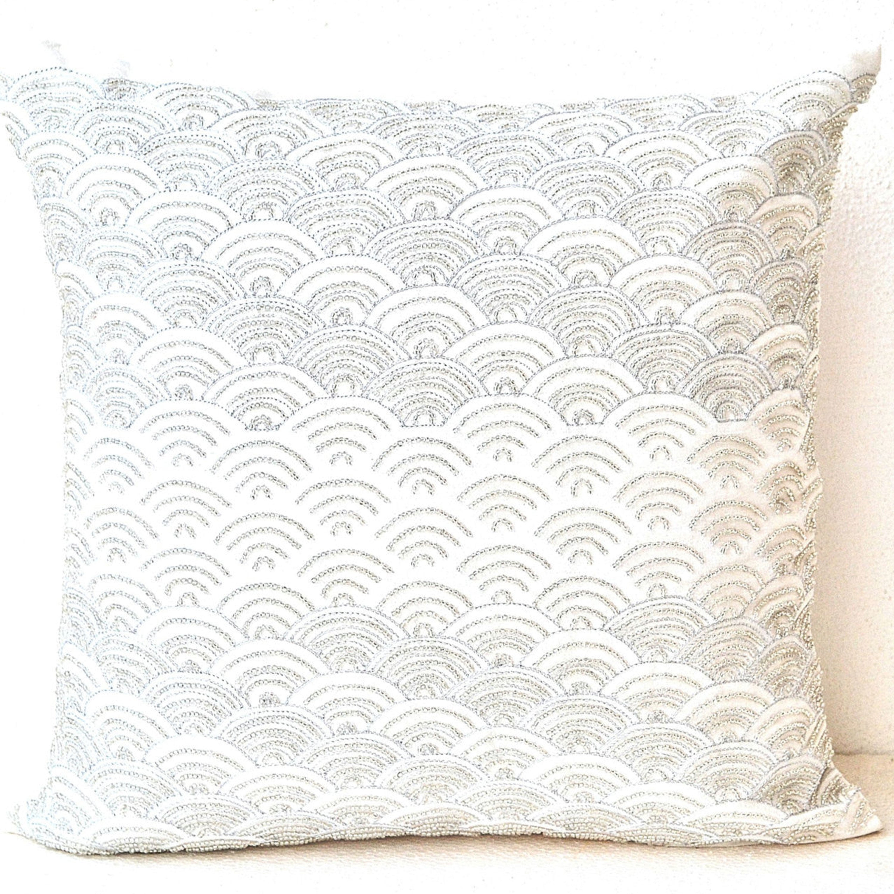 Decorative throw pillow covers -Ivory white throw pillows with detailed embroidered waves - Sashiko- Cushion cover - Couch pillows 16x16