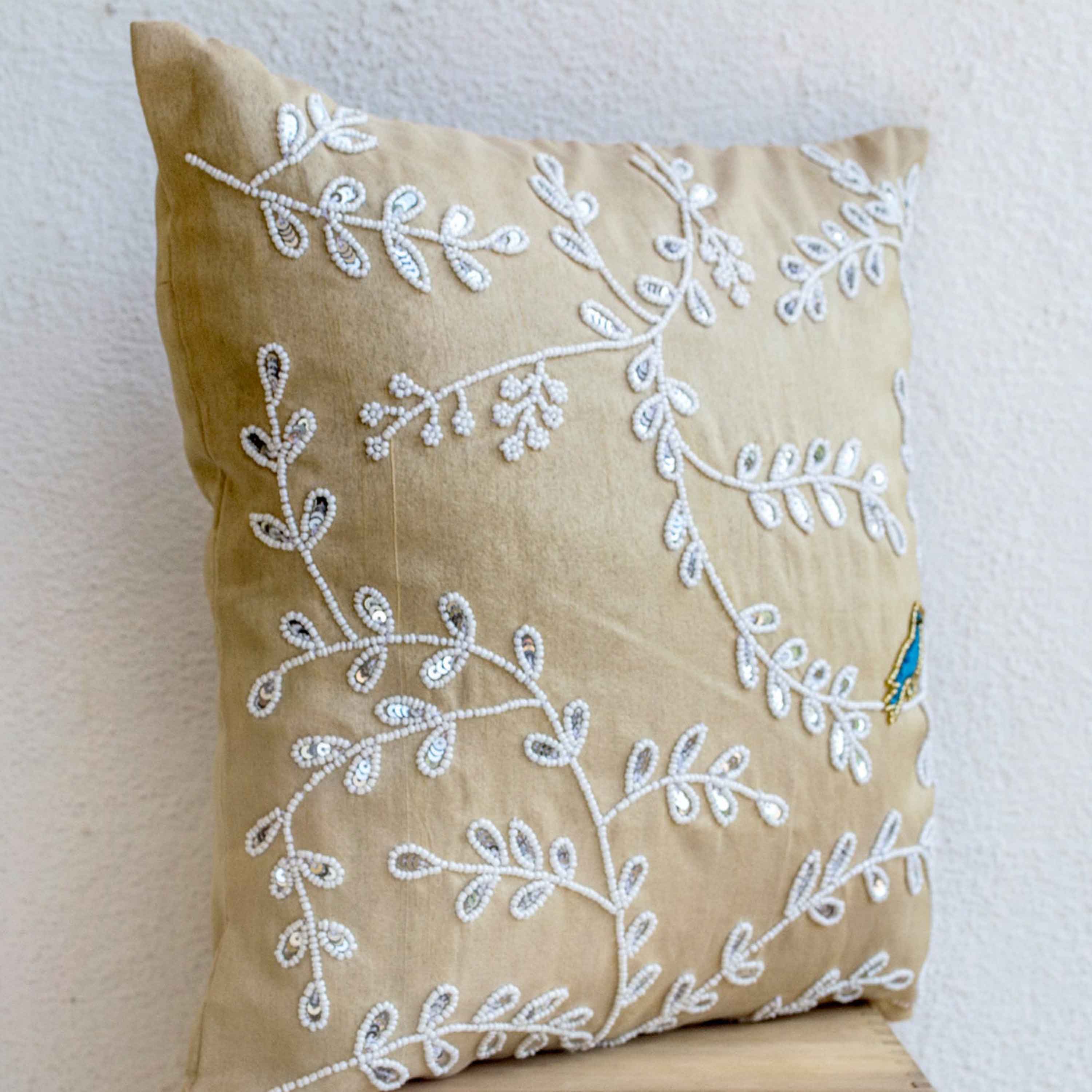 Solitary Bird Midst Silver Leaves Pillow