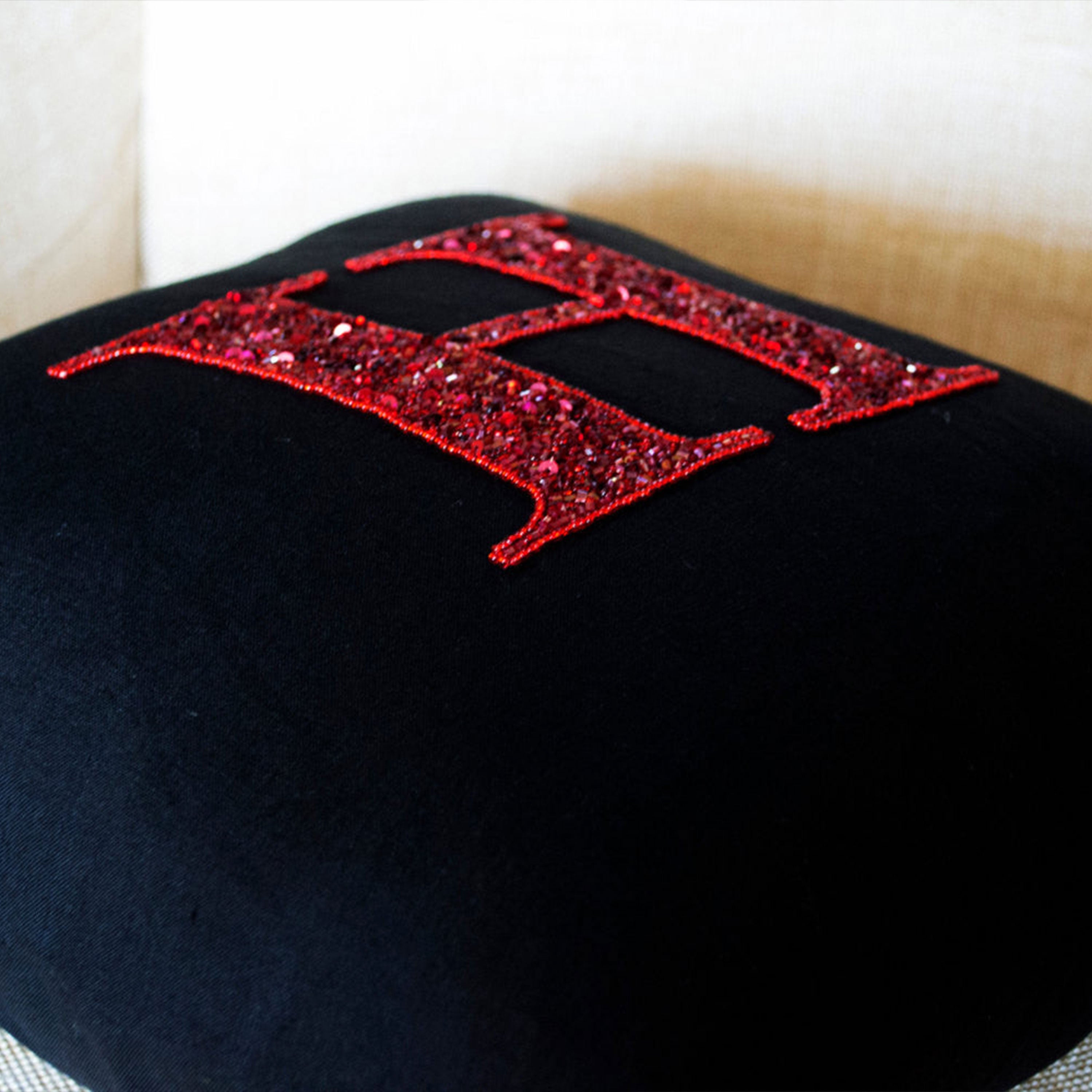 Customized Red Sequin Monogram Decorative Pillow Case in Black Linen