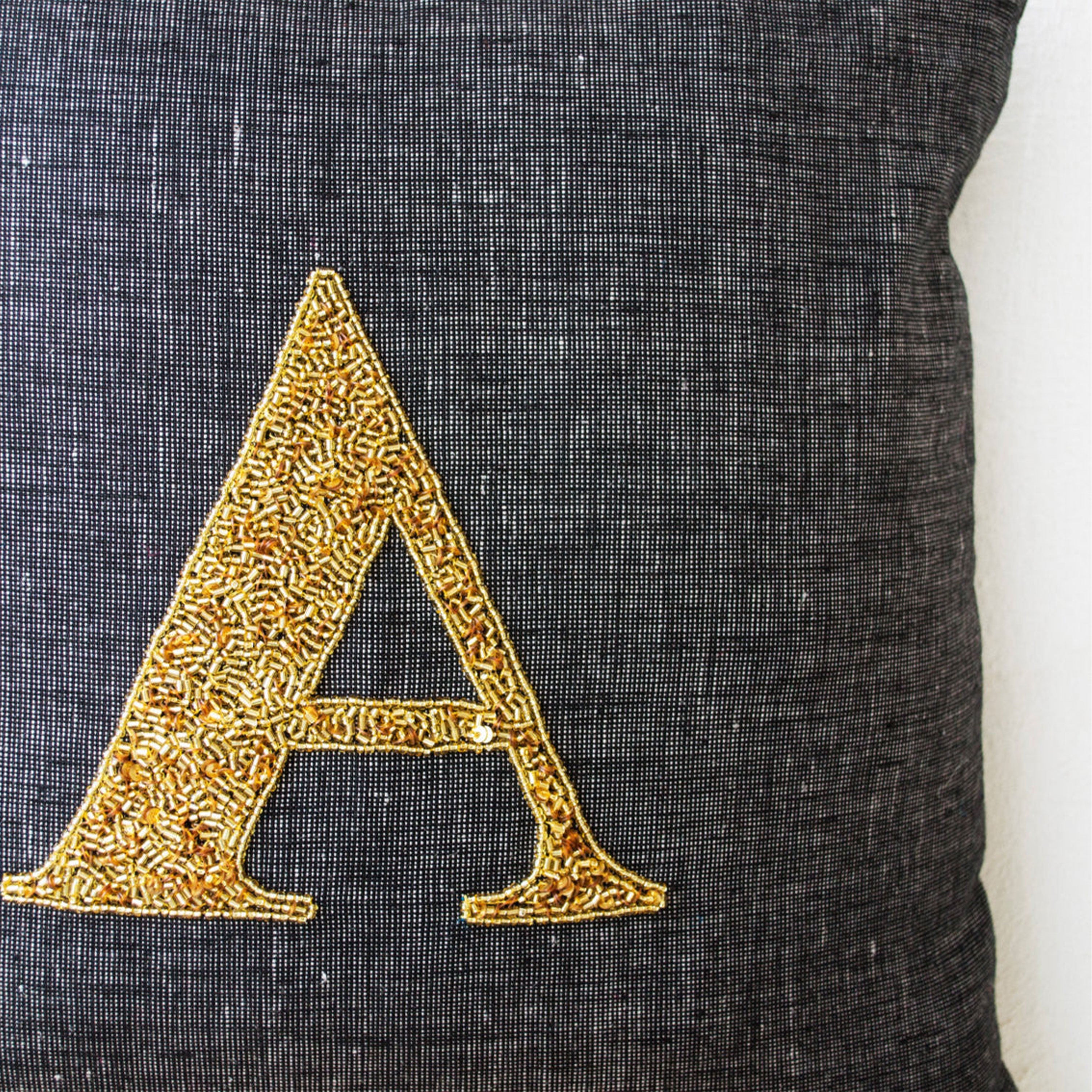 Grey Linen pillow -Monogram Pillow -Personalized throw pillows -Gold sequin cushion -Premium Linen pillow -16X16 sofa cushion -gift -Wedding