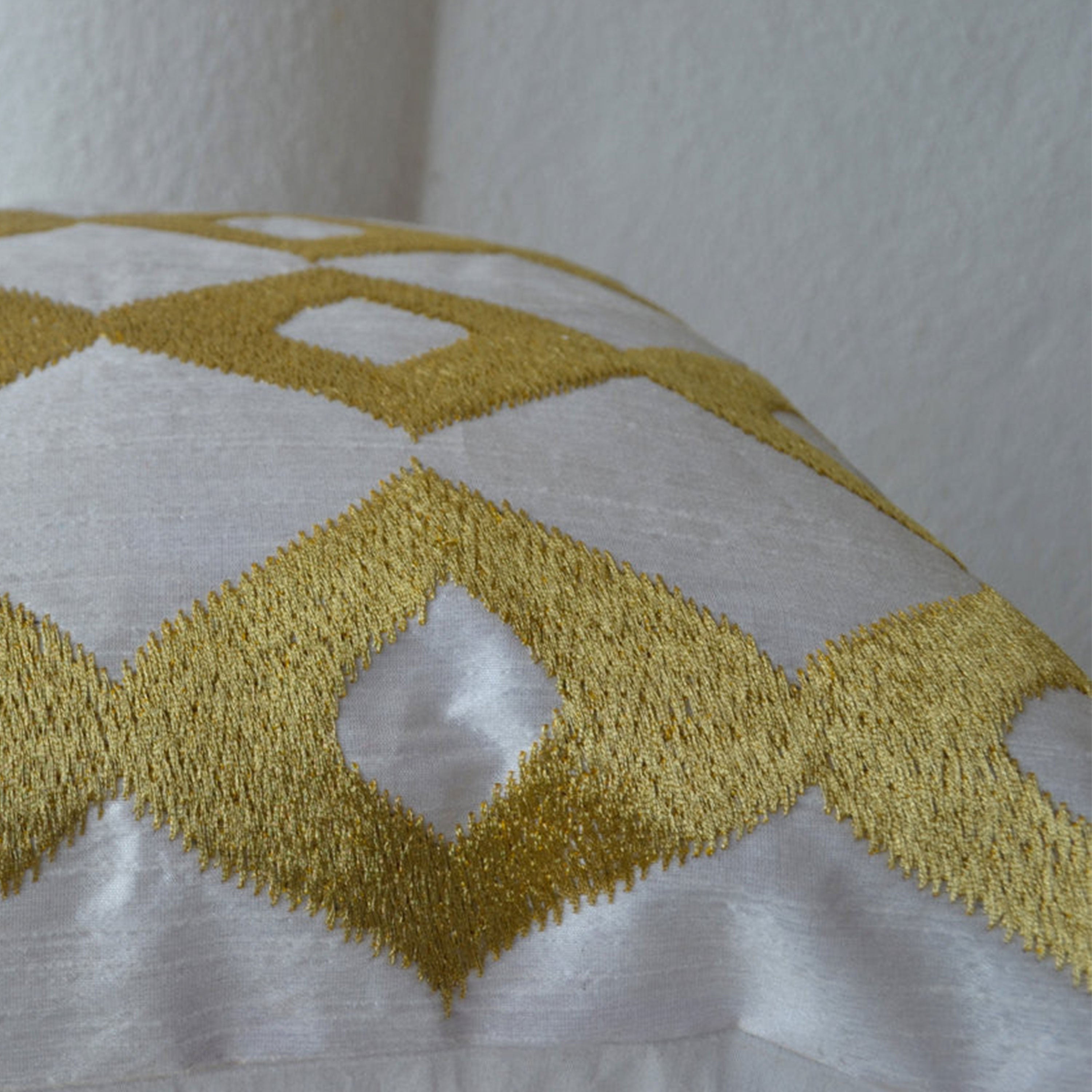 Gold Pillows- White Silk Gold Ikat Embroidered Pillow- White Gold Pillow- Silk Pillow- 16x16- Couch Pillow- White Cushion- Gift- Ikat Pillow