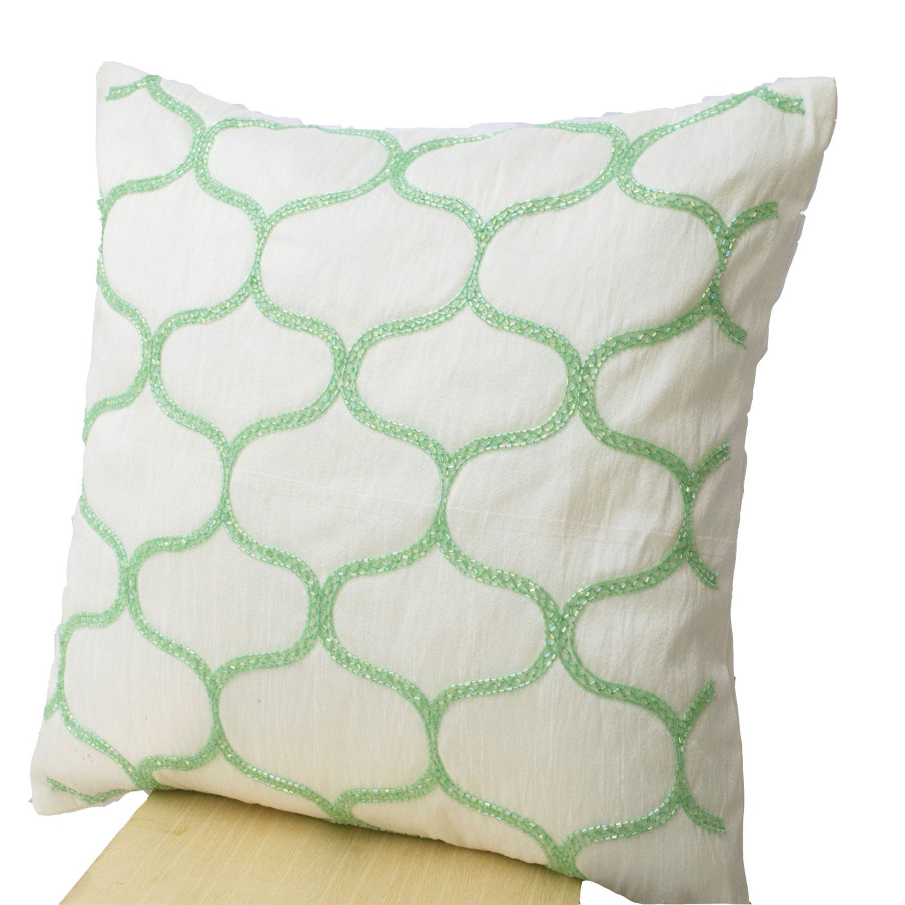 Decorative Pillow In Soft Pastel Green Geometric Pillows Ivory Silk Sashiko Pattern